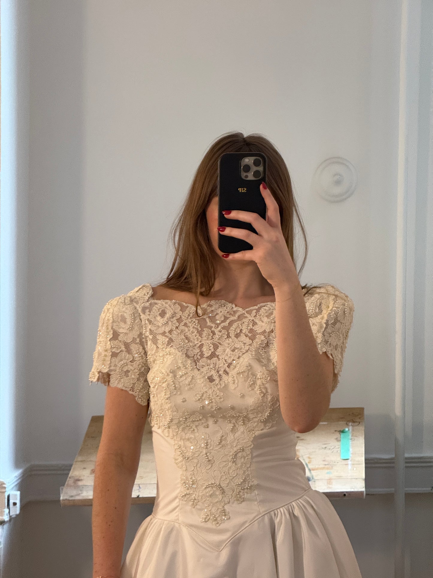 Vintage 90's Beaded Wedding Dress with Basque Waist