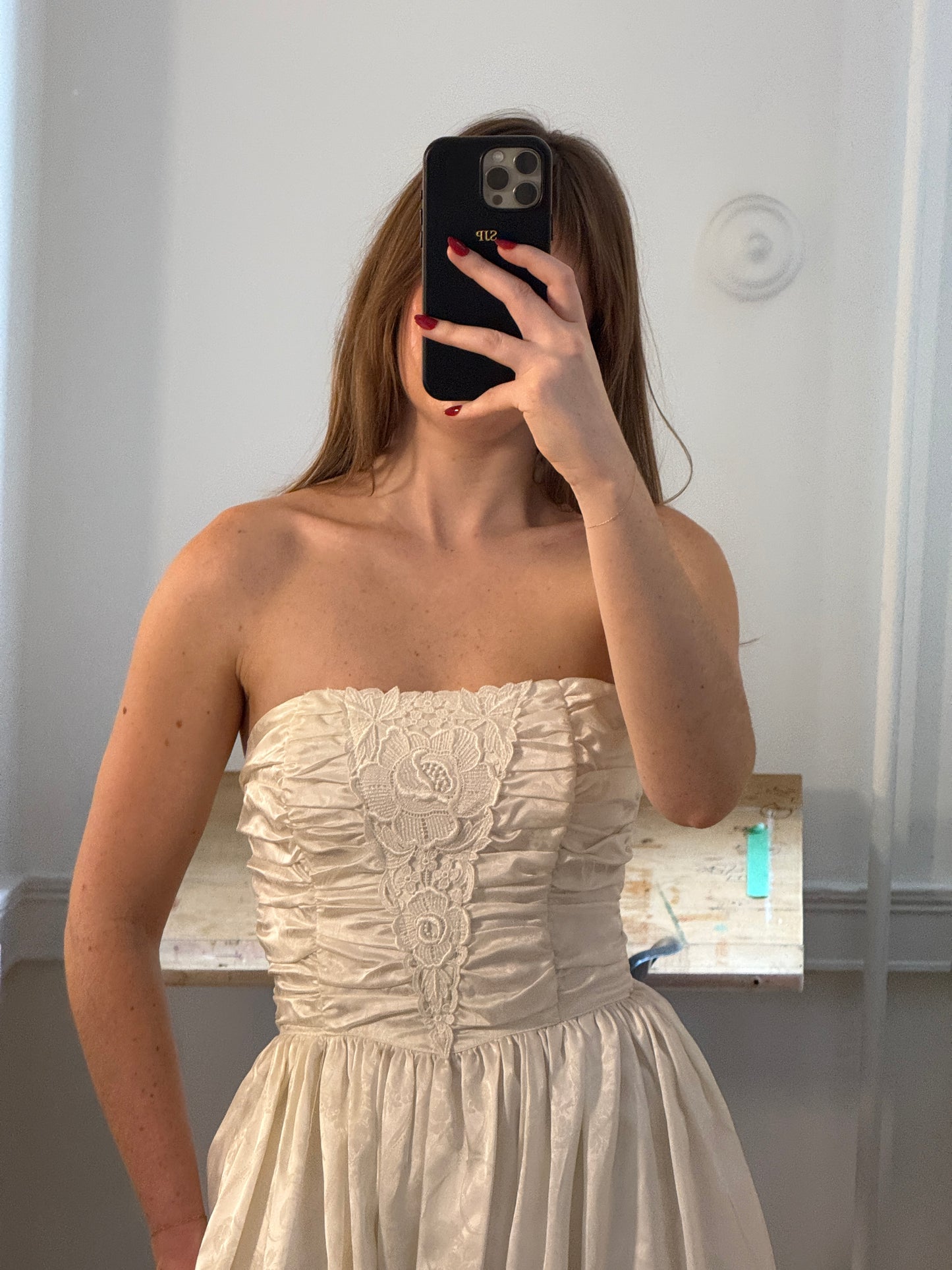 Vintage 80's Gunne Sax Strapless Tea Length Wedding Dress
