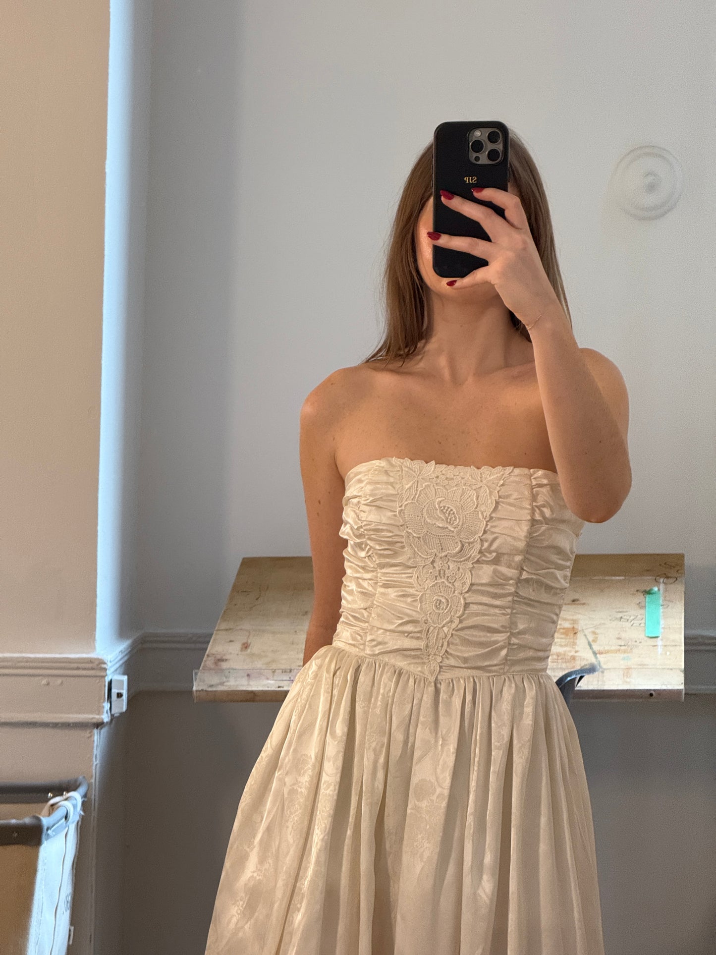 Vintage 80's Gunne Sax Strapless Tea Length Wedding Dress