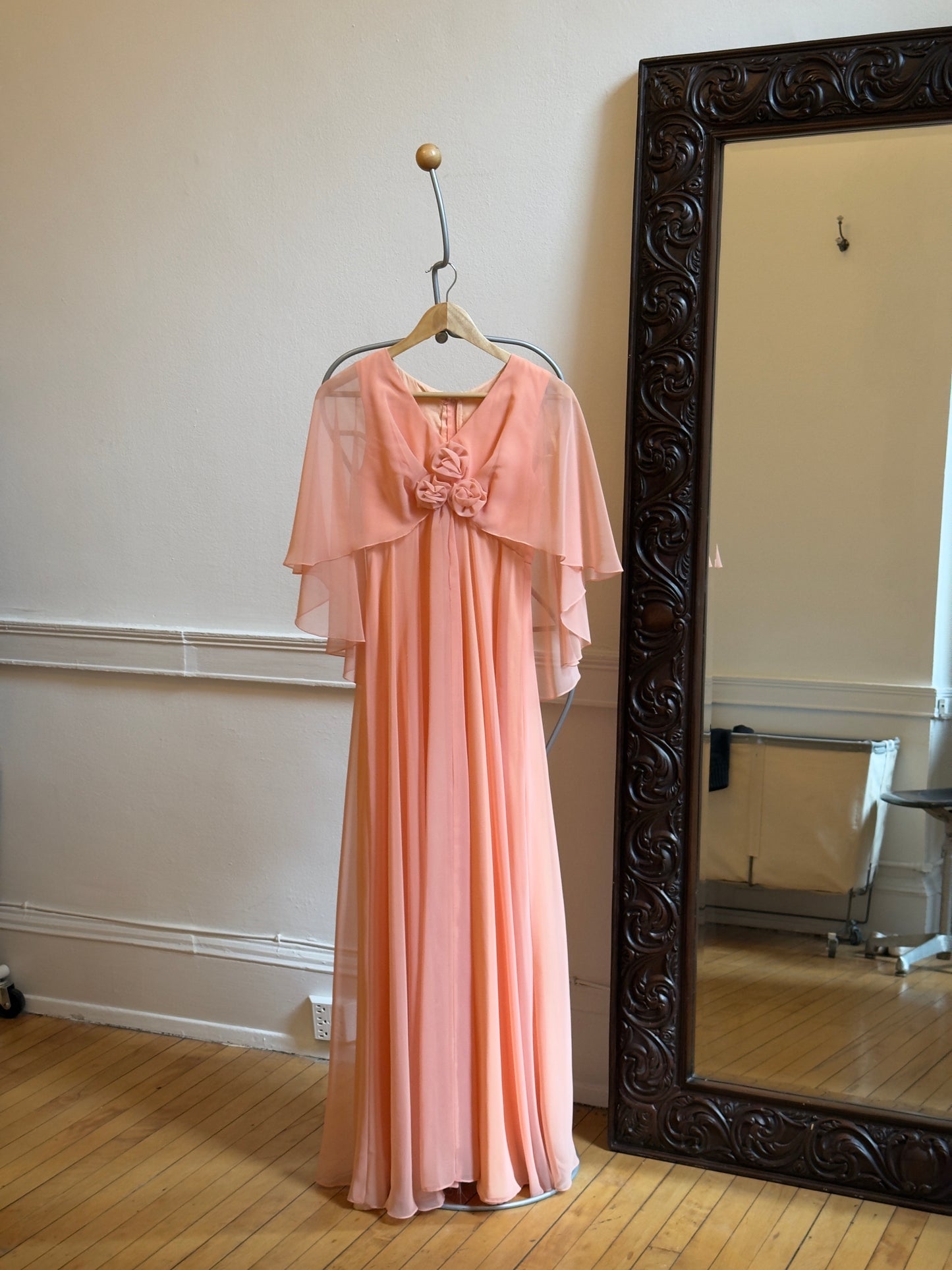 Vintage 70's Peach Chiffon Evening Dress with Rosettes