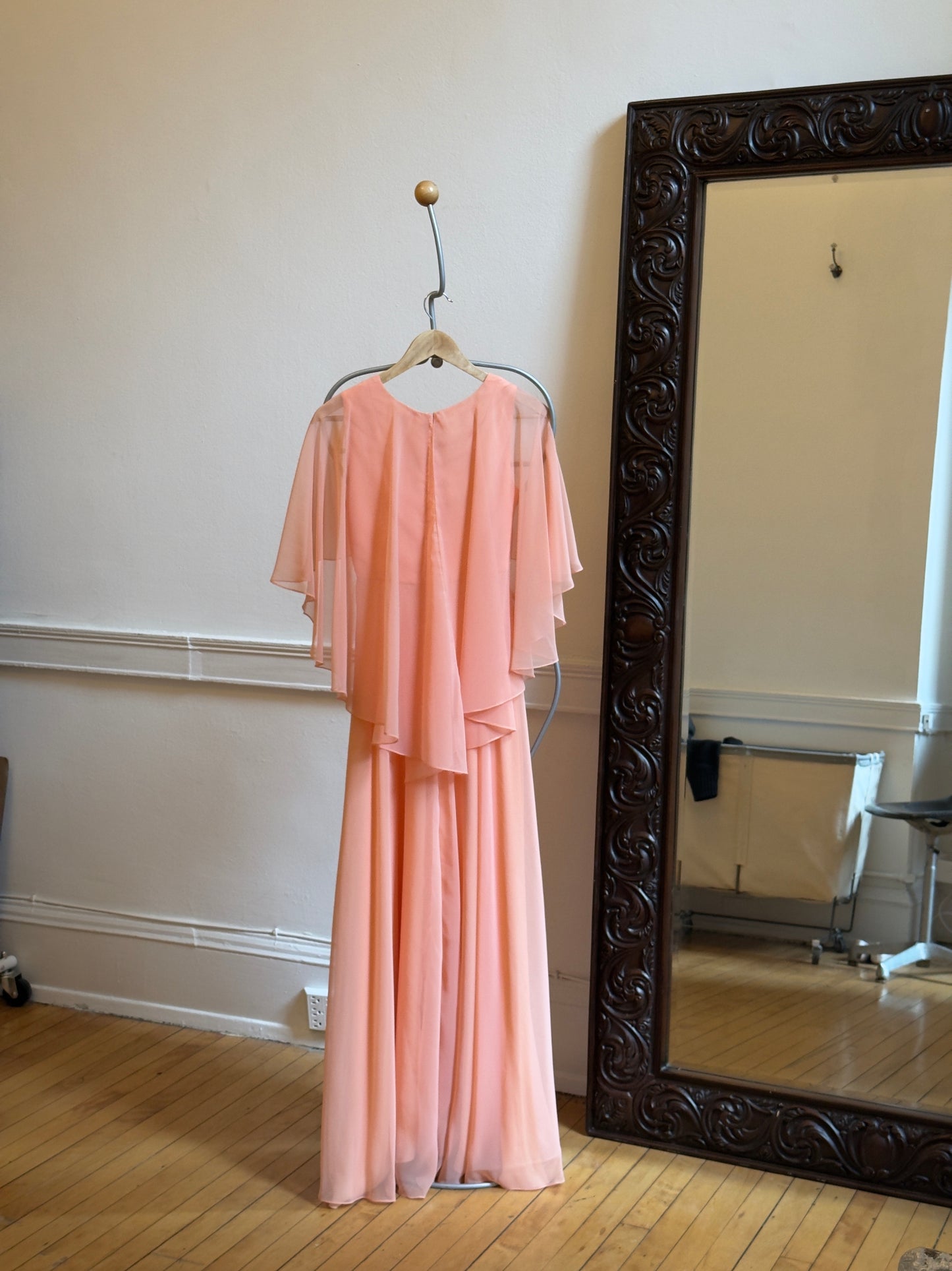 Vintage 70's Peach Chiffon Evening Dress with Rosettes