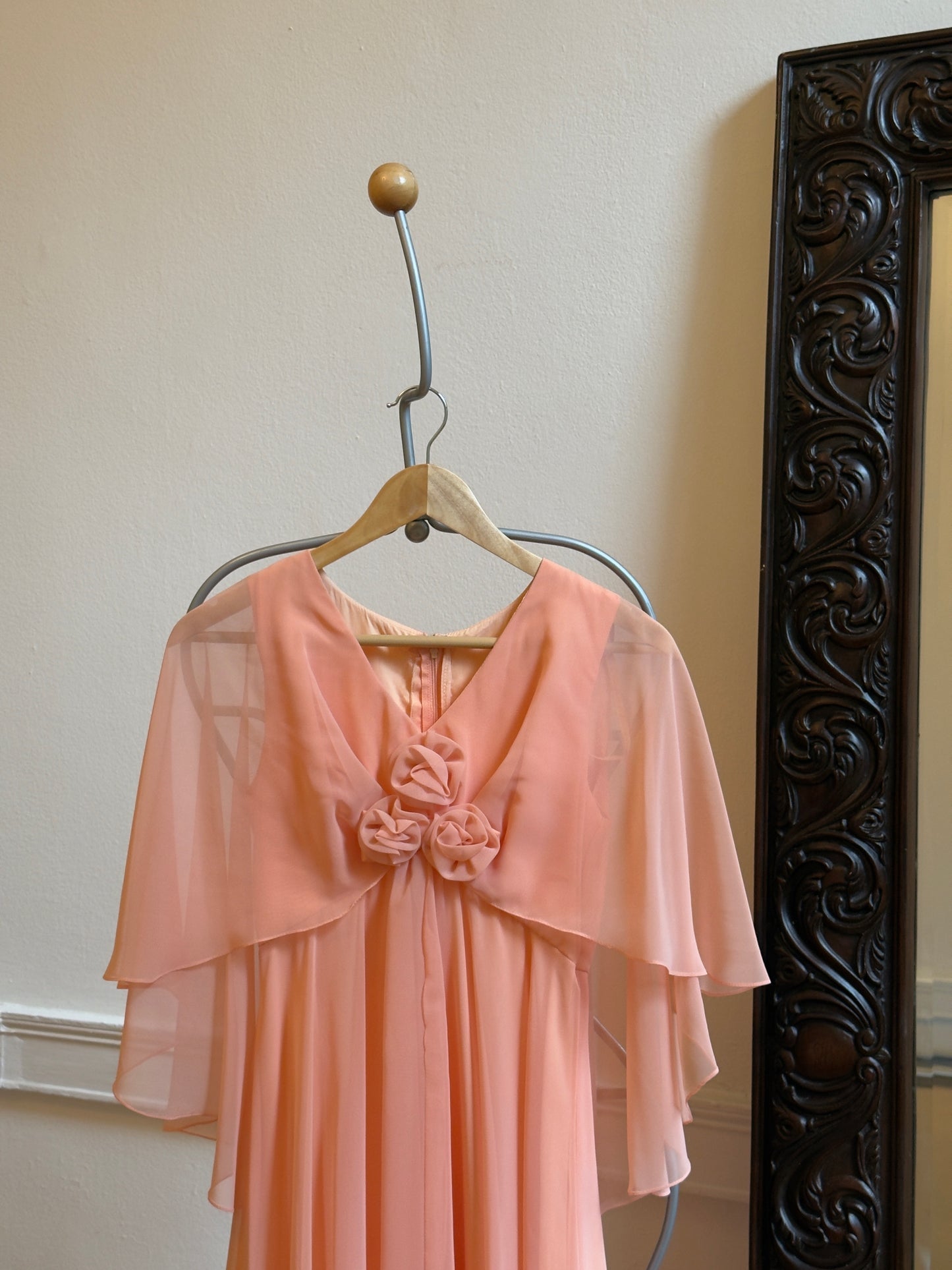 Vintage 70's Peach Chiffon Evening Dress with Rosettes