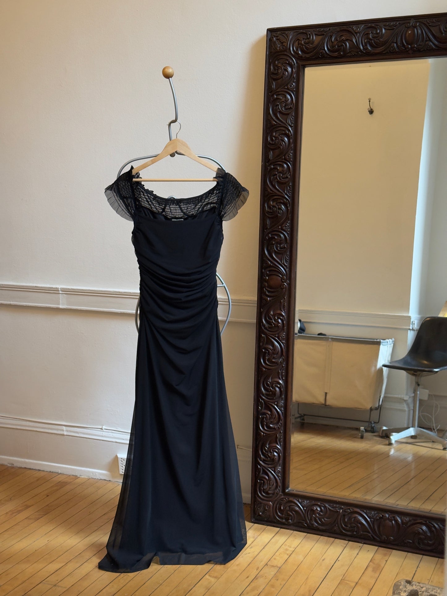 Vintage 90's Black Ruched Evening Dress with Ruffled Sleeves
