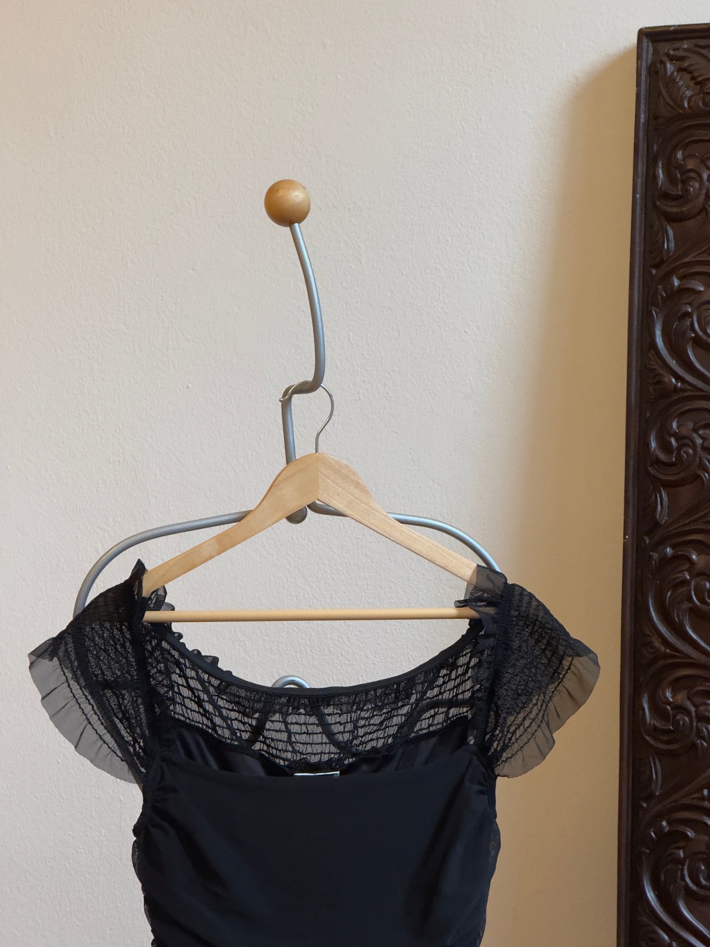 Vintage 90's Black Ruched Evening Dress with Ruffled Sleeves