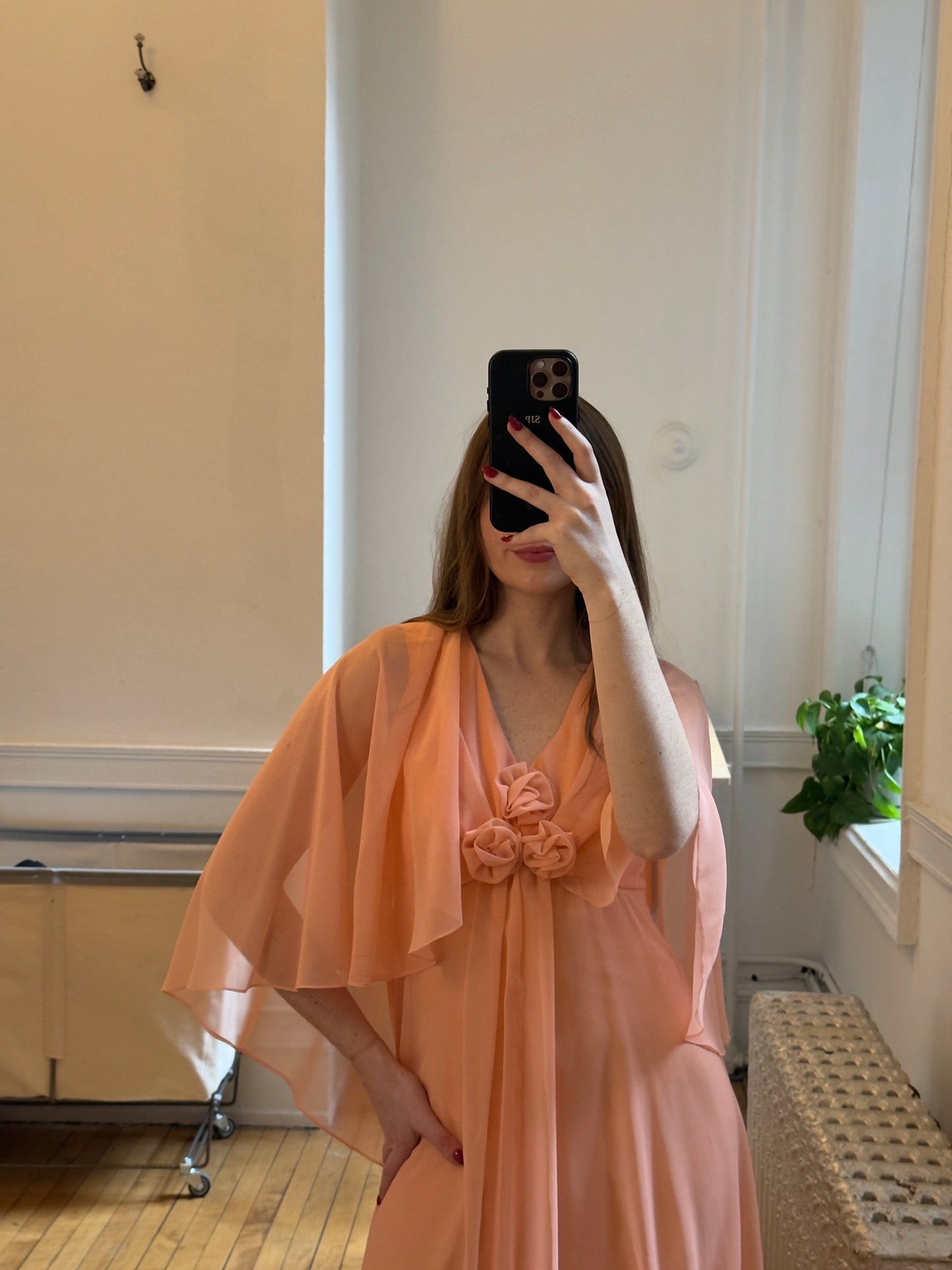 Vintage 70's Peach Chiffon Evening Dress with Rosettes