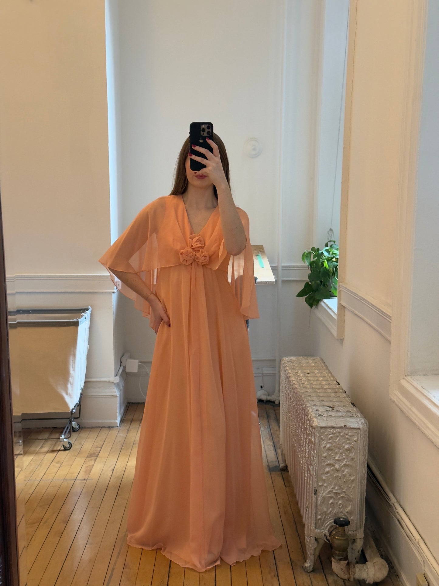 Vintage 70's Peach Chiffon Evening Dress with Rosettes