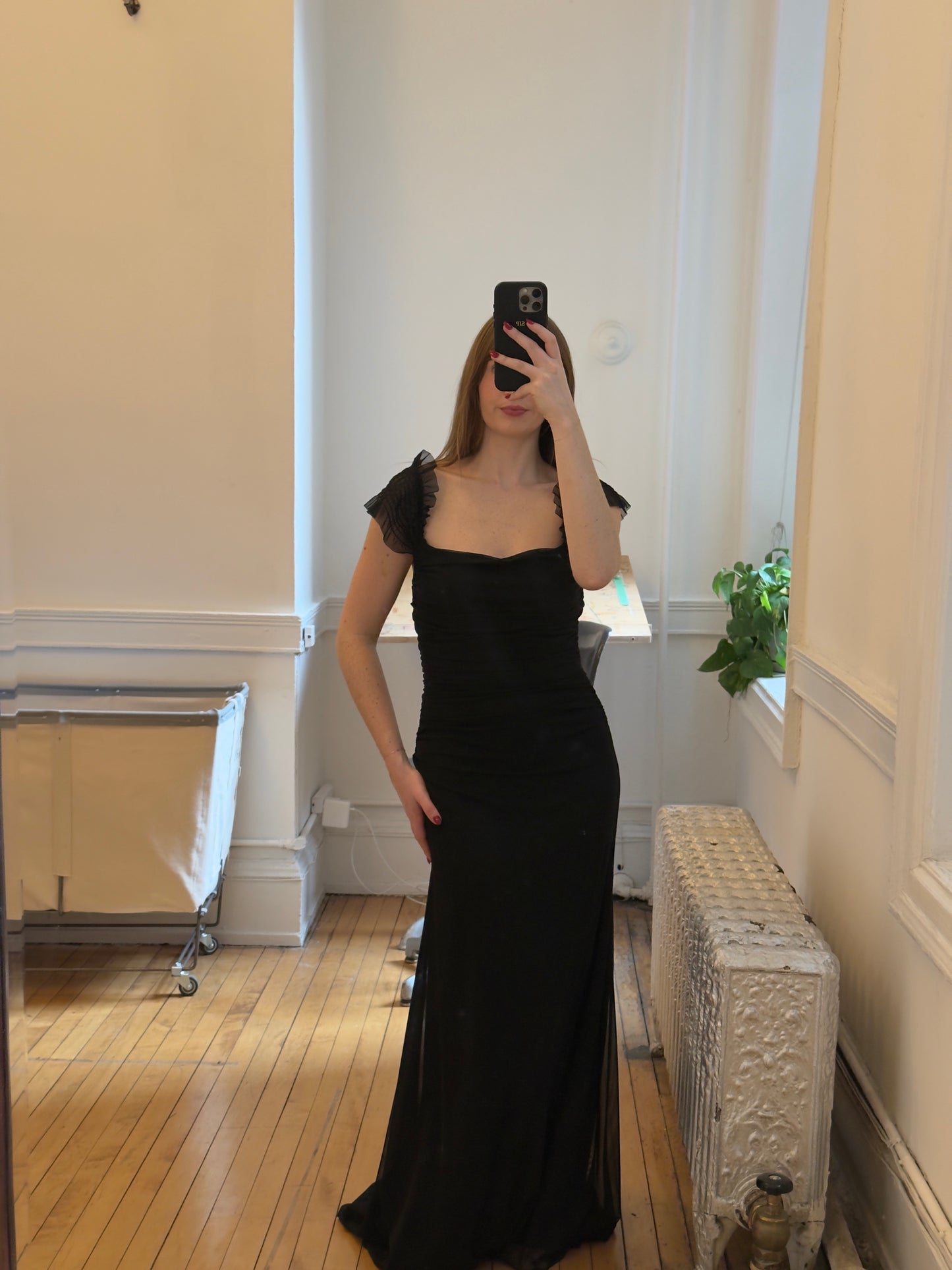 Vintage 90's Black Ruched Evening Dress with Ruffled Sleeves