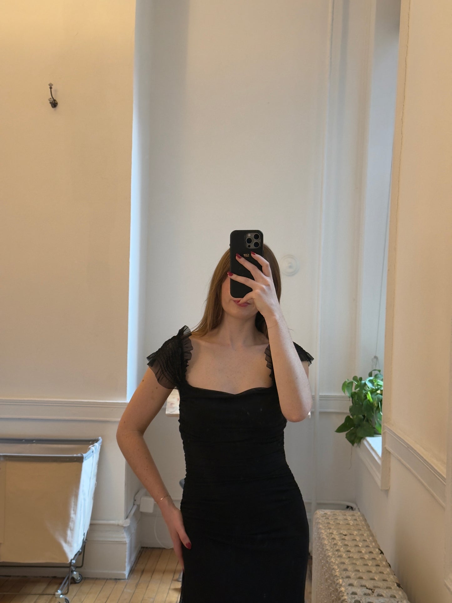 Vintage 90's Black Ruched Evening Dress with Ruffled Sleeves