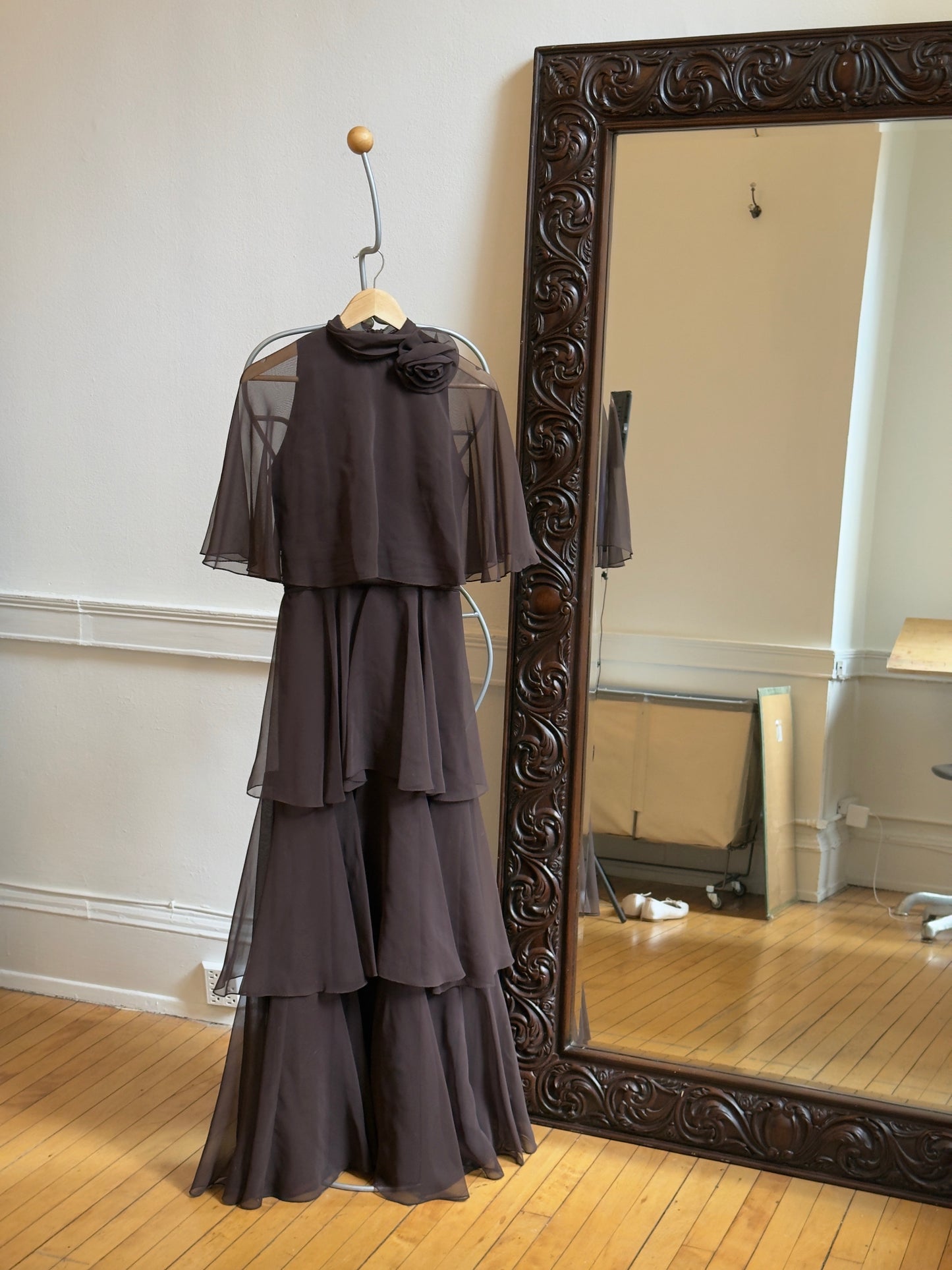 Vintage 70's Brown Tiered Chiffon Evening Dress