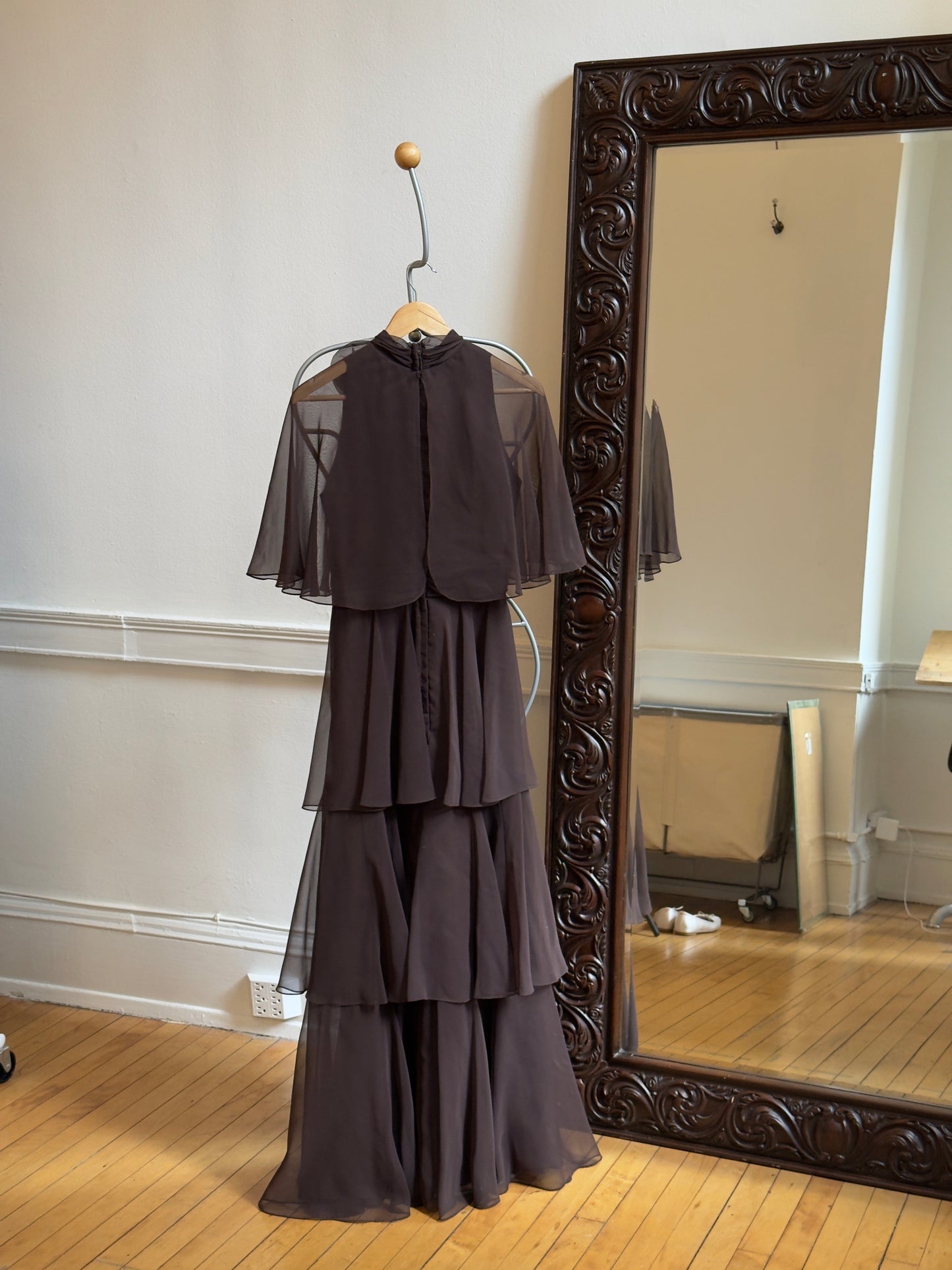 Vintage 70's Brown Tiered Chiffon Evening Dress