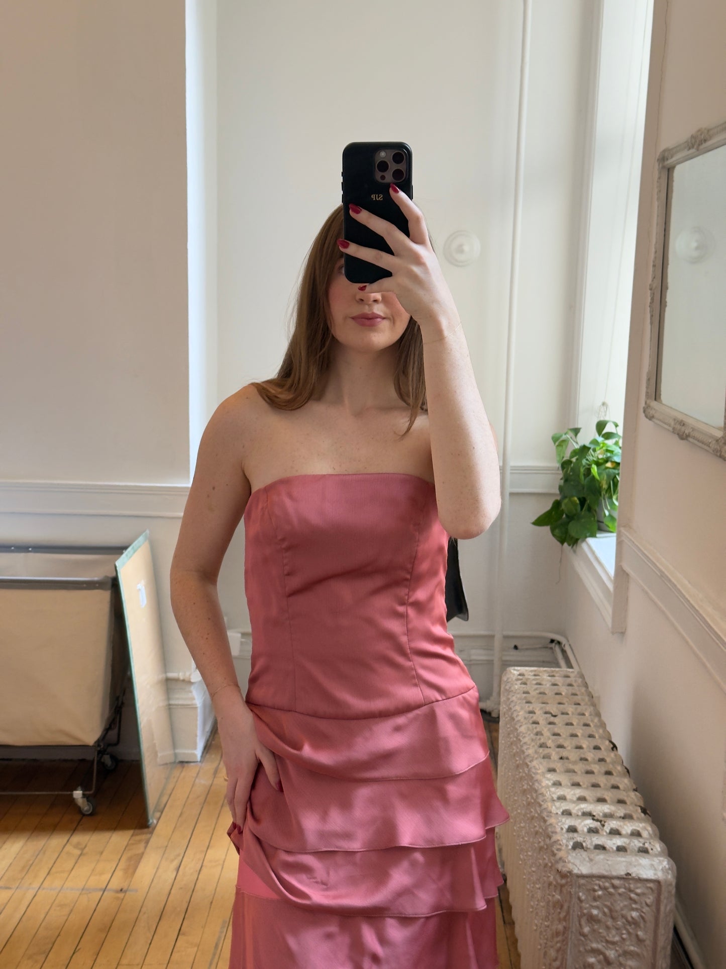 Vintage Pink Tiered Strapless Evening Dress