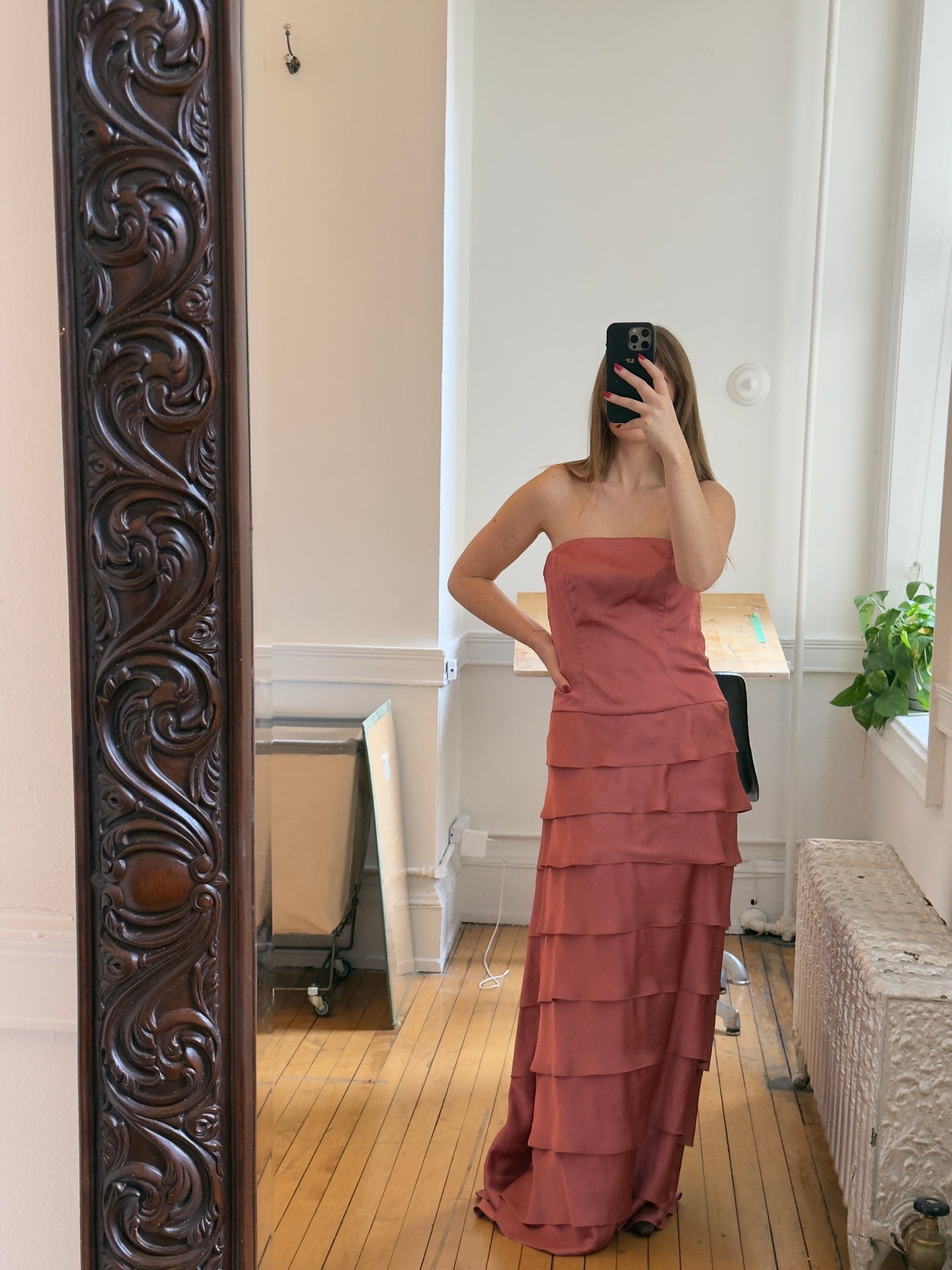 Vintage Pink Tiered Strapless Evening Dress