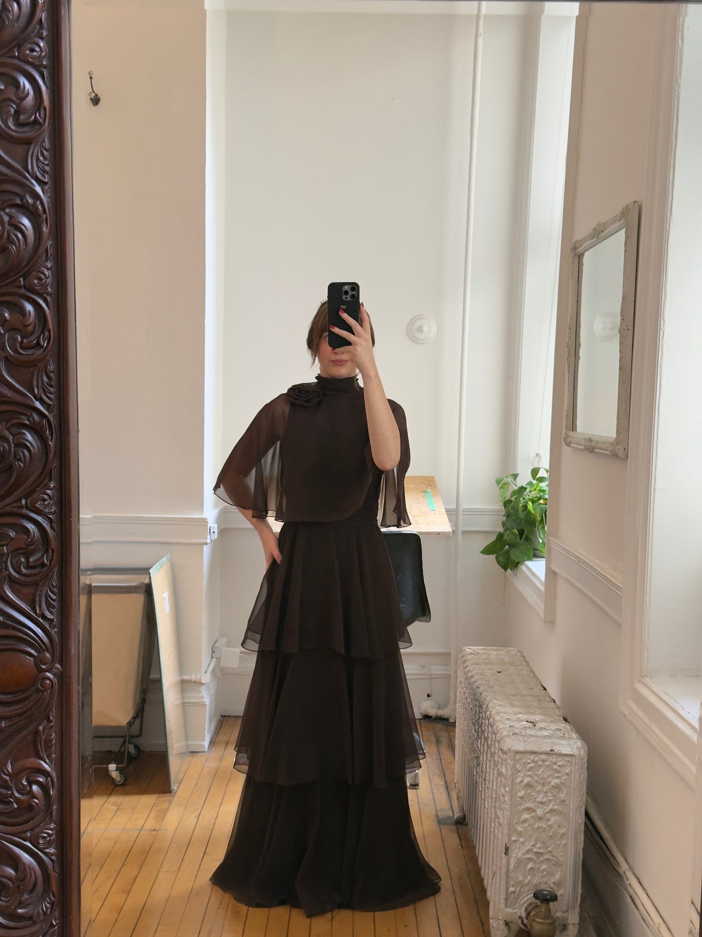 Vintage 70's Brown Tiered Chiffon Evening Dress