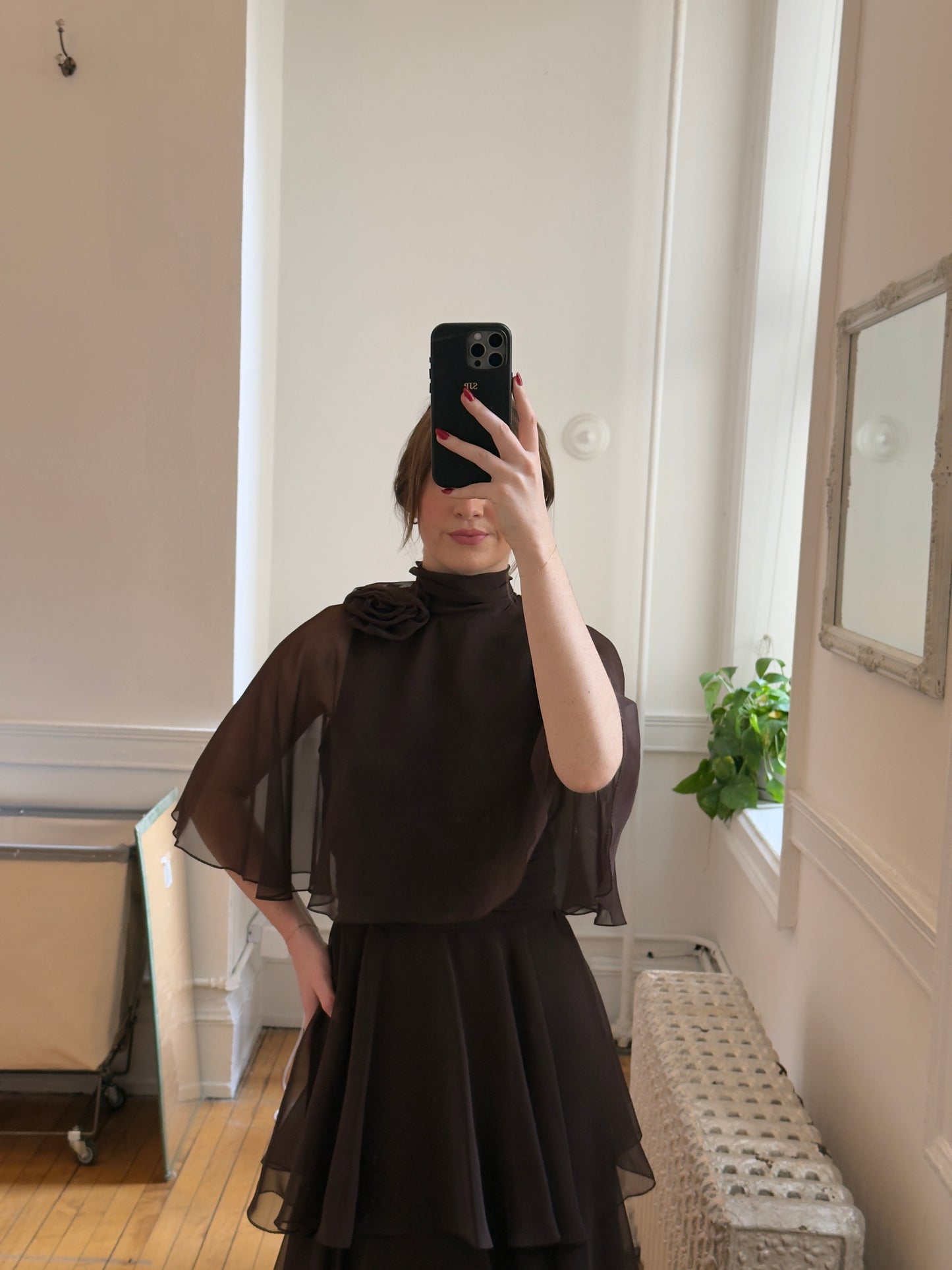 Vintage 70's Brown Tiered Chiffon Evening Dress