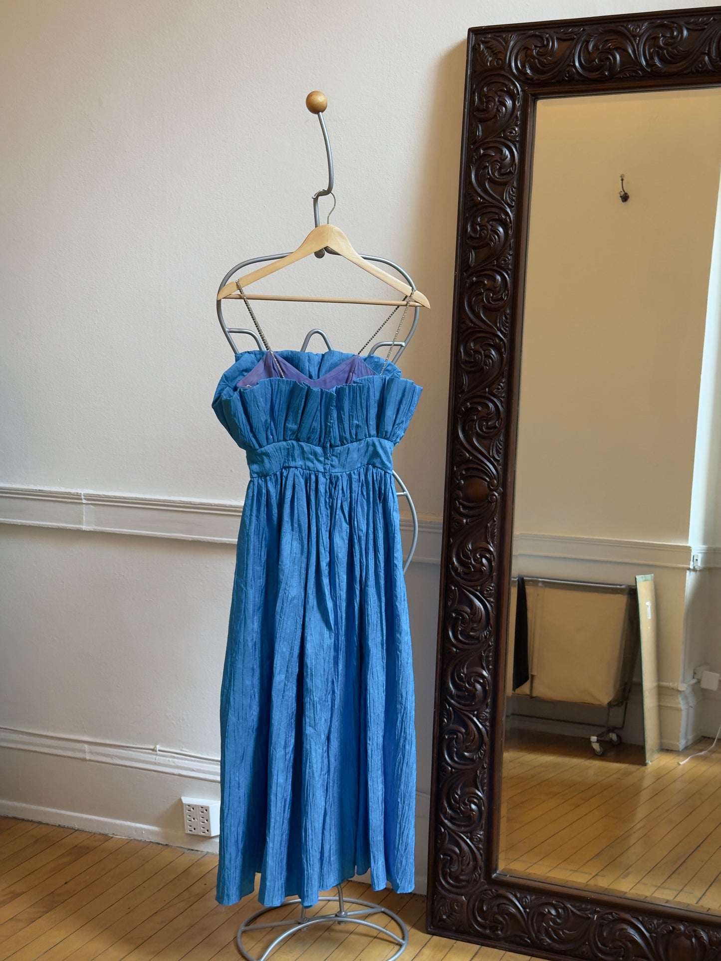 Vintage 70's Blue Taffeta Party Dress with Rhinestone Straps