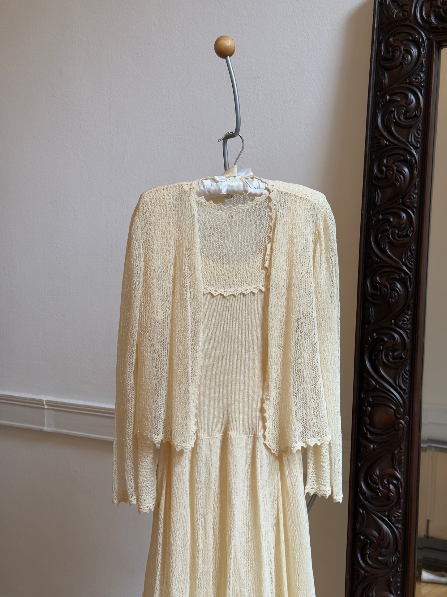 Vintage 70's Cream Crochet Dress and Cardigan Set