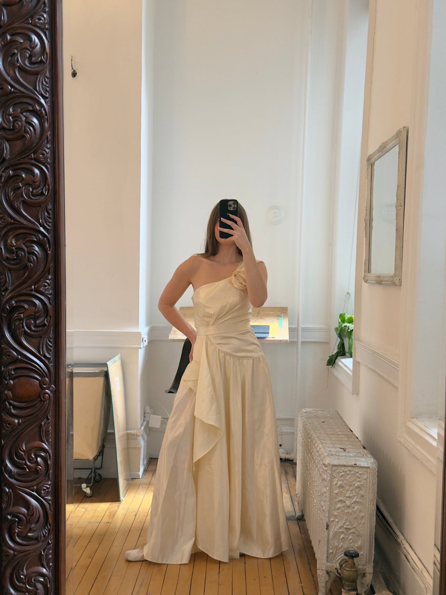 Vintage 80's Satin One-Shoulder Wedding Dress with Rosette