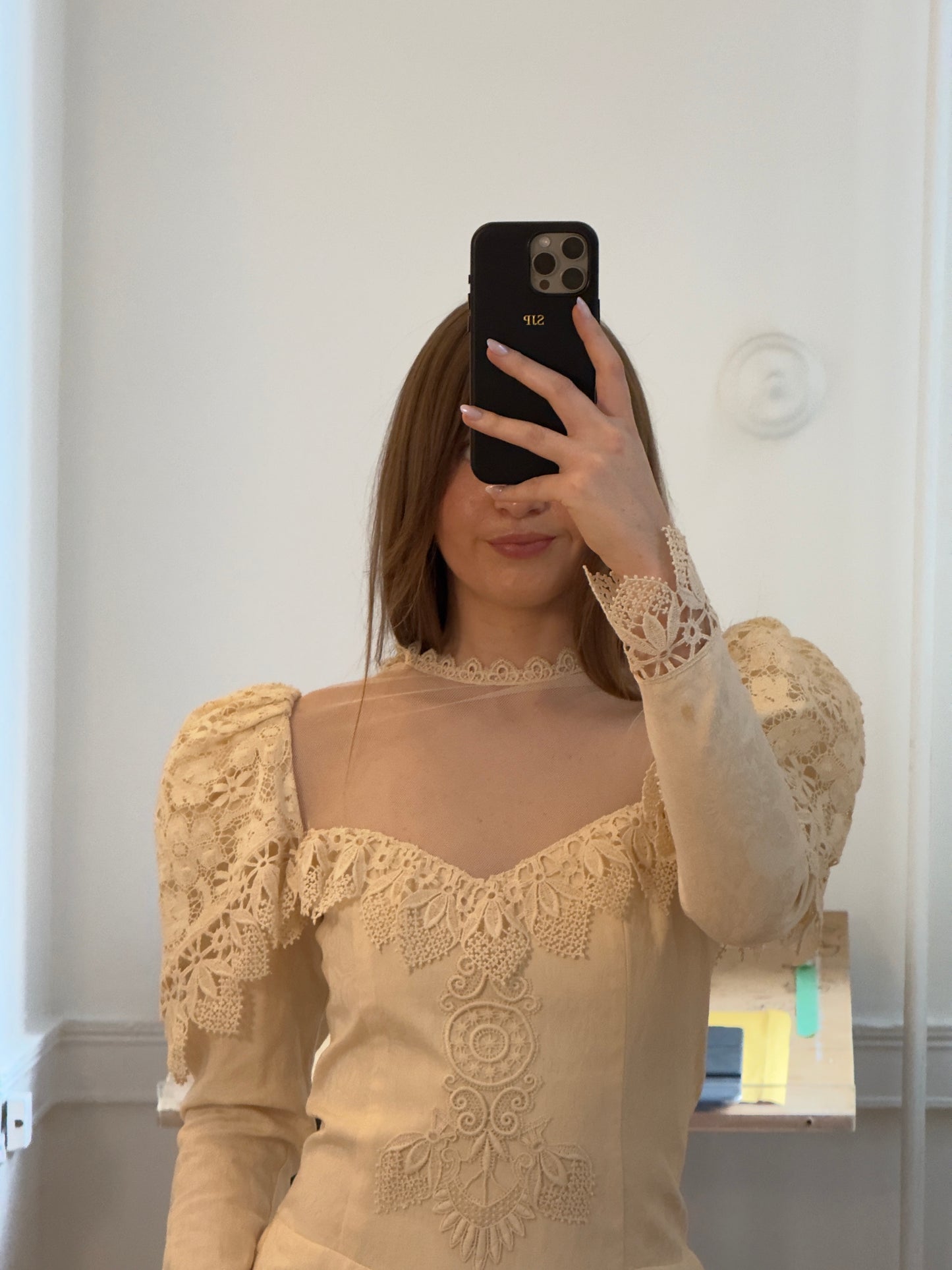 Vintage 70's Lace Midi Bridal Dress with Puff Sleeves