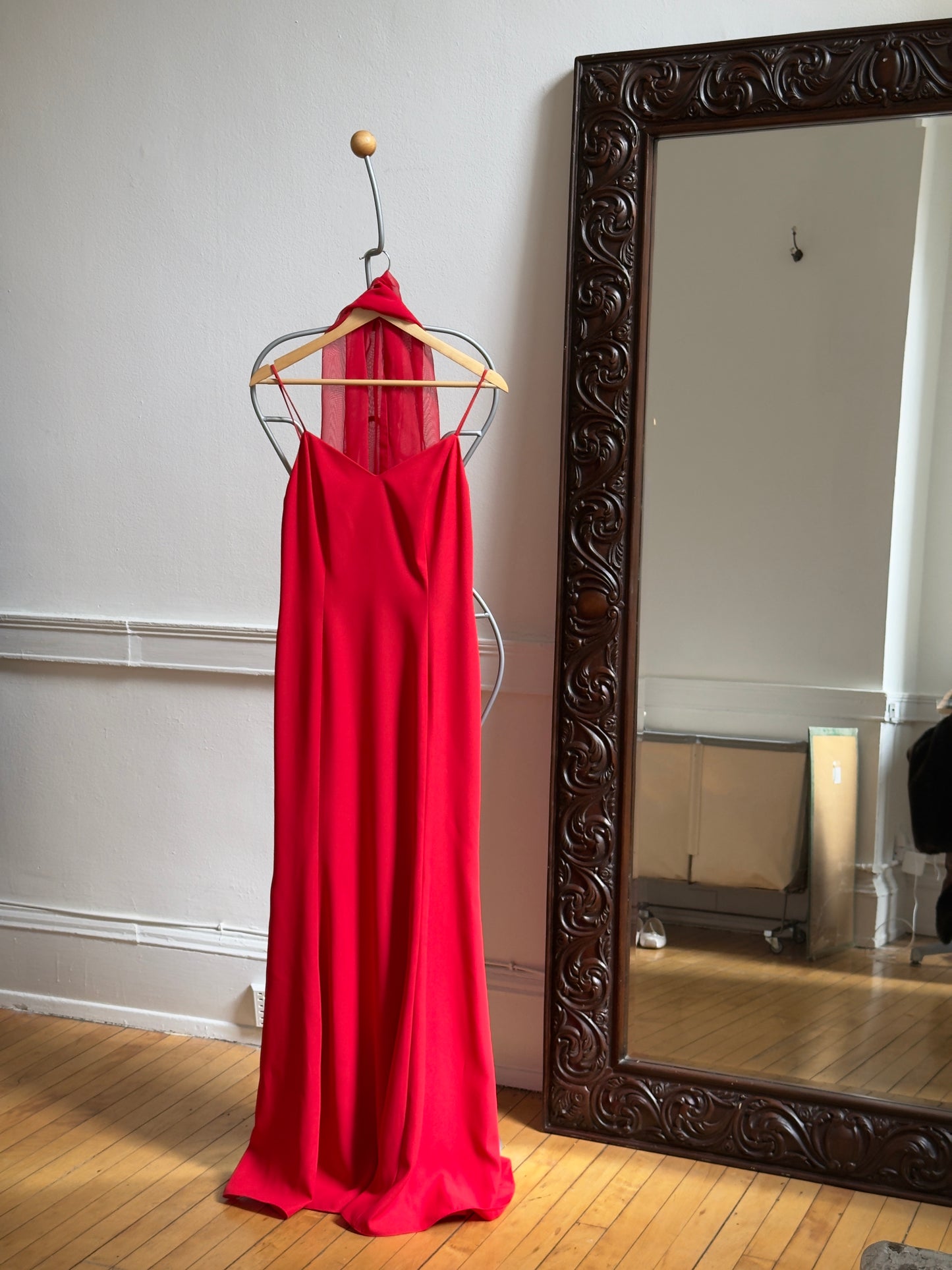 Vintage 90's Red V-Neck Evening Dress with Neck Scarf