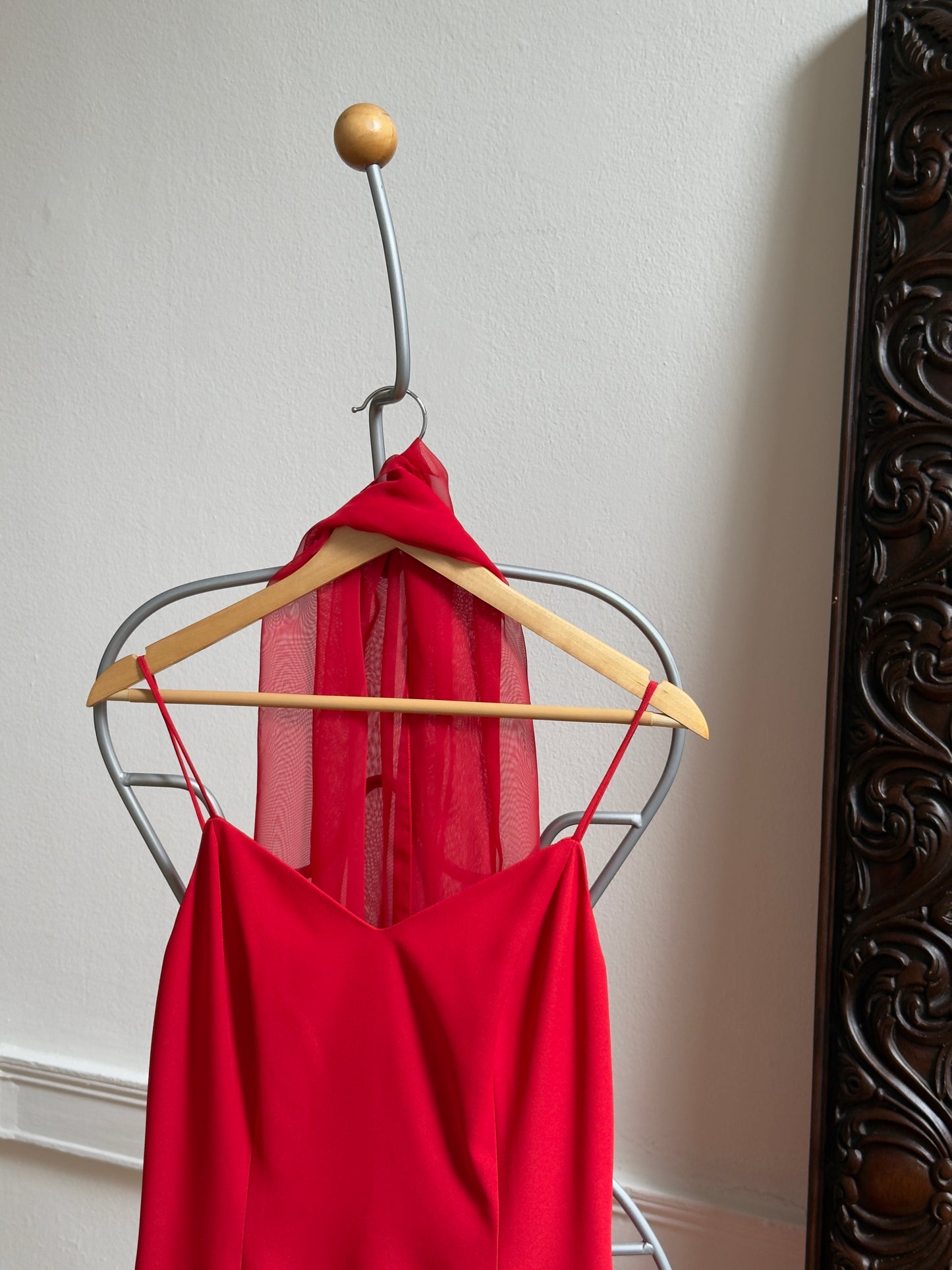 Vintage 90's Red V-Neck Evening Dress with Neck Scarf
