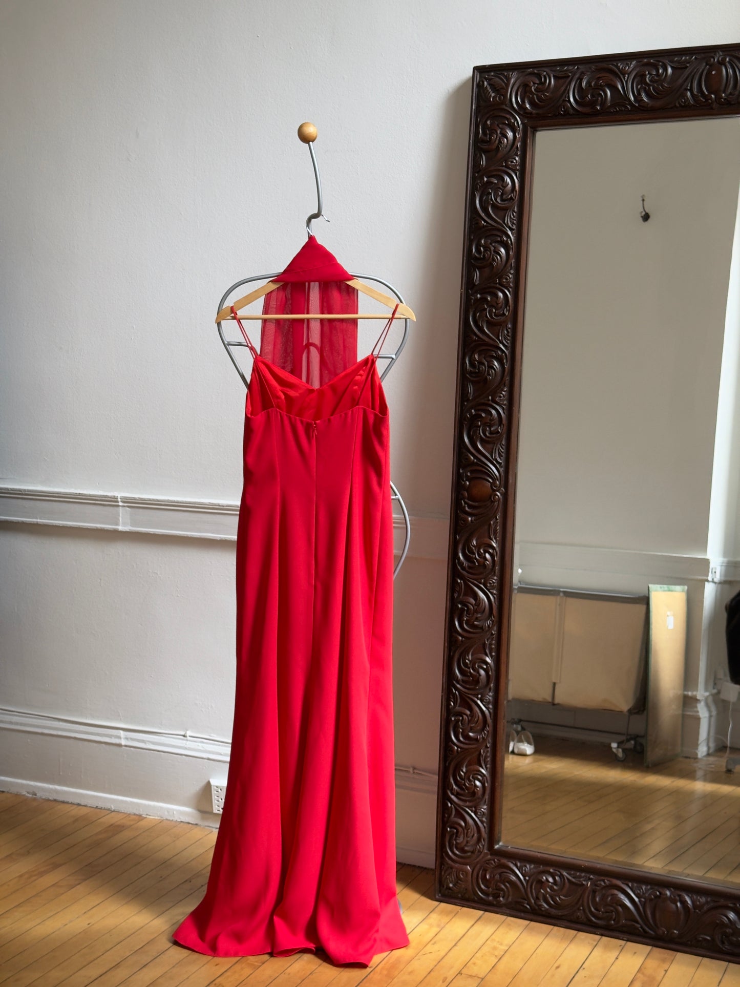 Vintage 90's Red V-Neck Evening Dress with Neck Scarf
