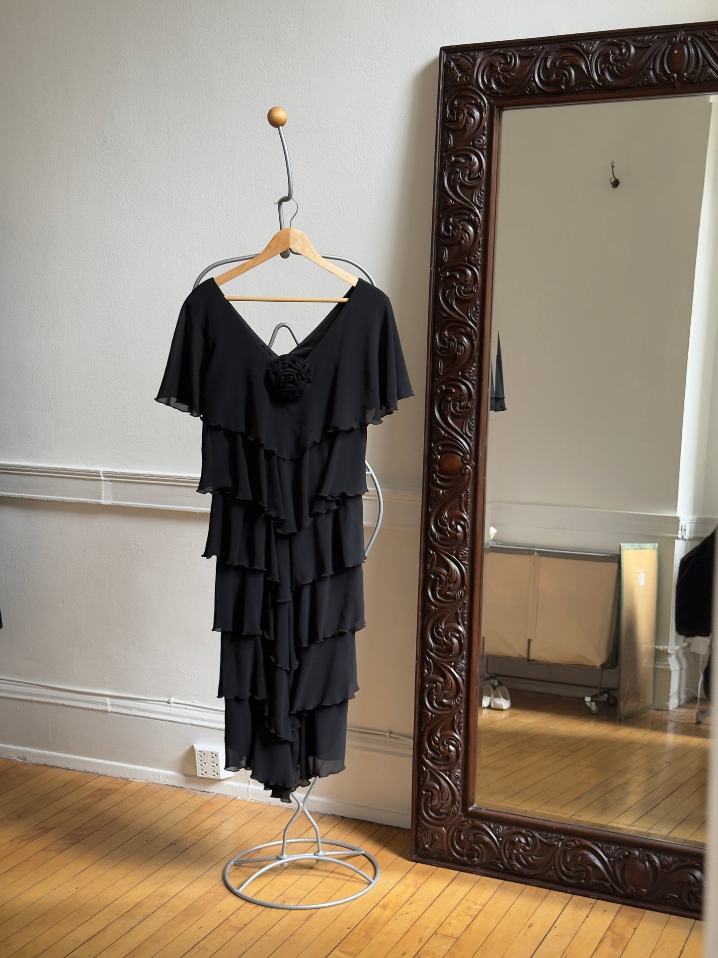 Vintage 80's Black Rosette Tiered Evening Dress