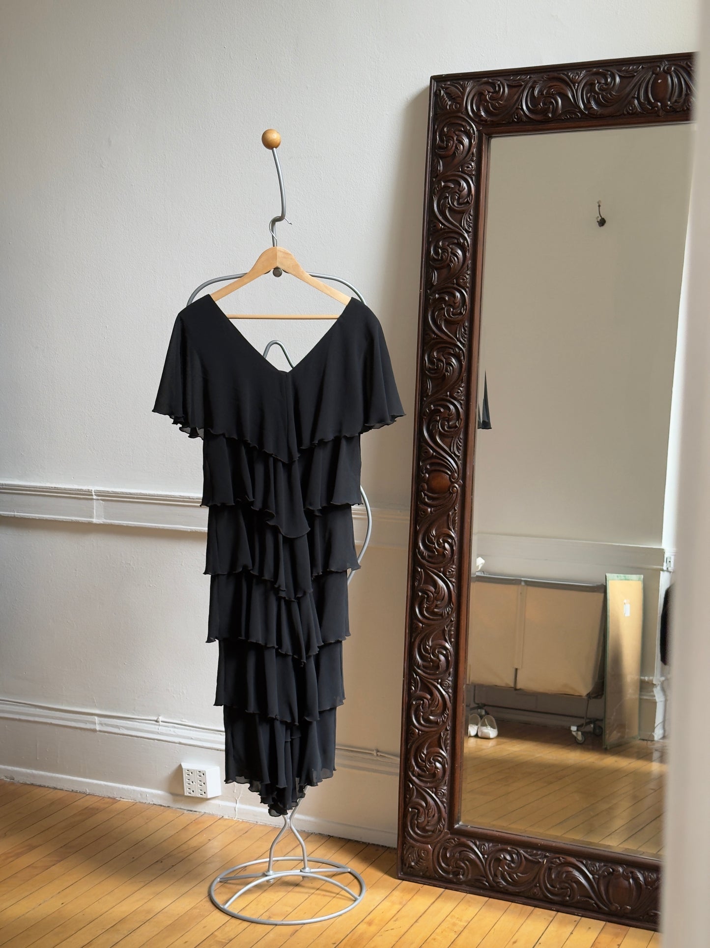 Vintage 80's Black Rosette Tiered Evening Dress