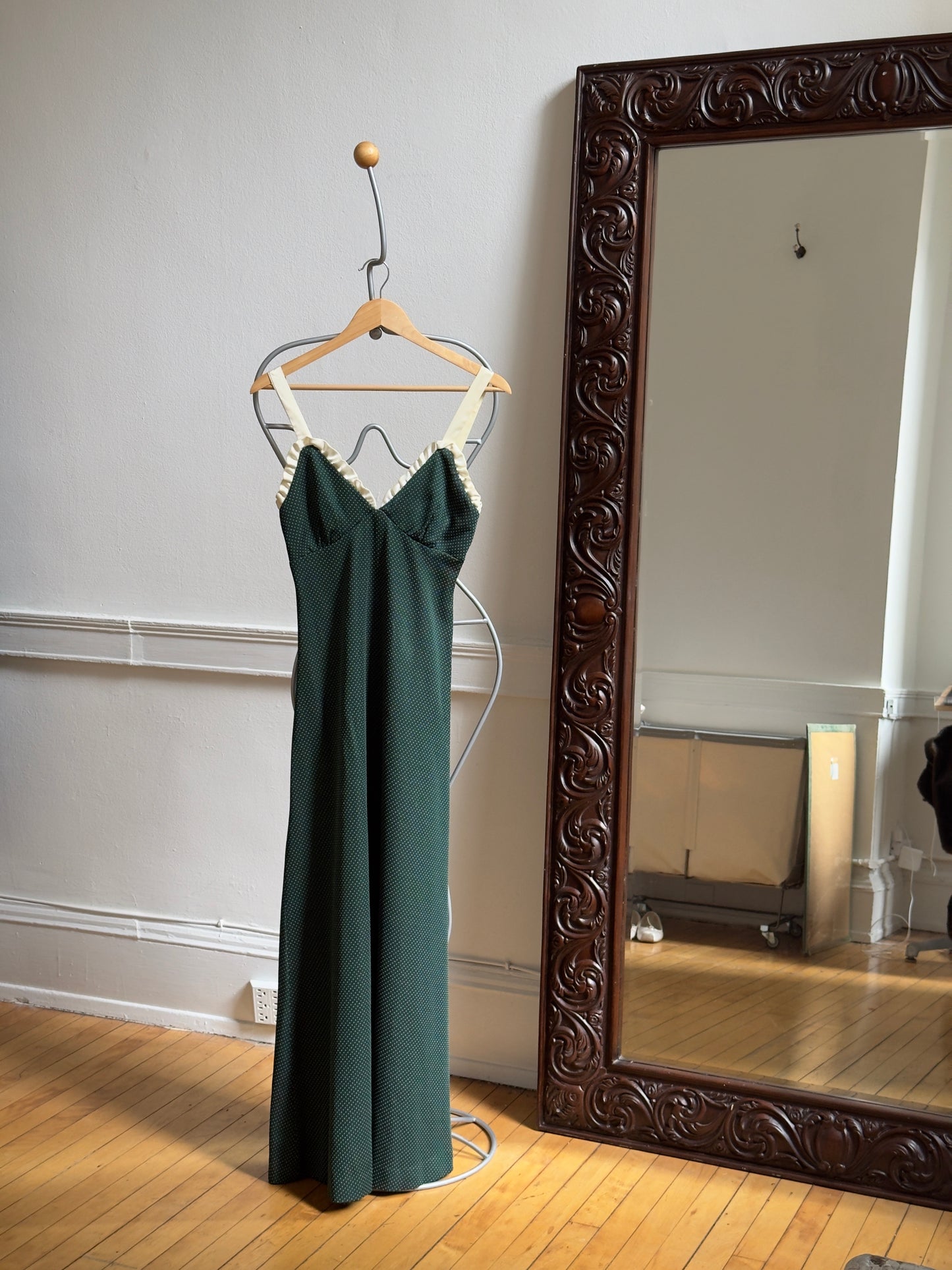 Vintage 70's Dark Green Polka Dot Dress with Satin Trim