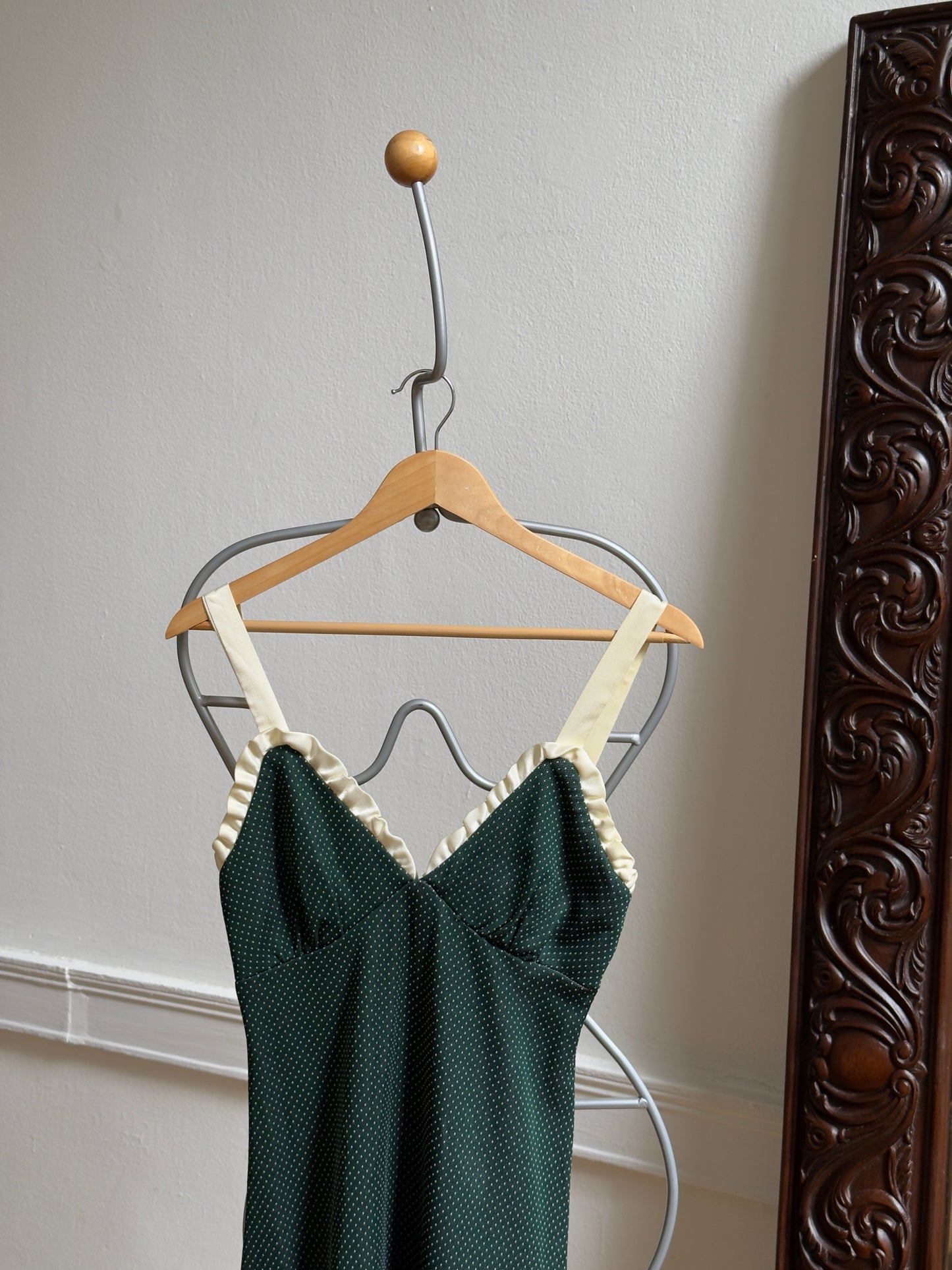 Vintage 70's Dark Green Polka Dot Dress with Satin Trim
