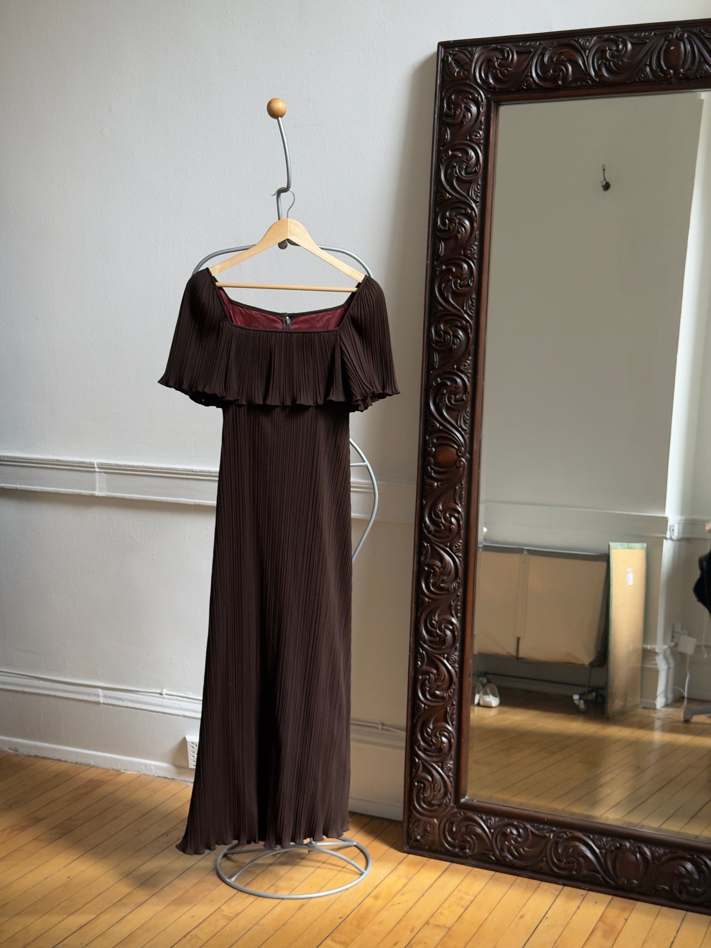Vintage 50's Brown Pleated Evening Dress with Square Neckline