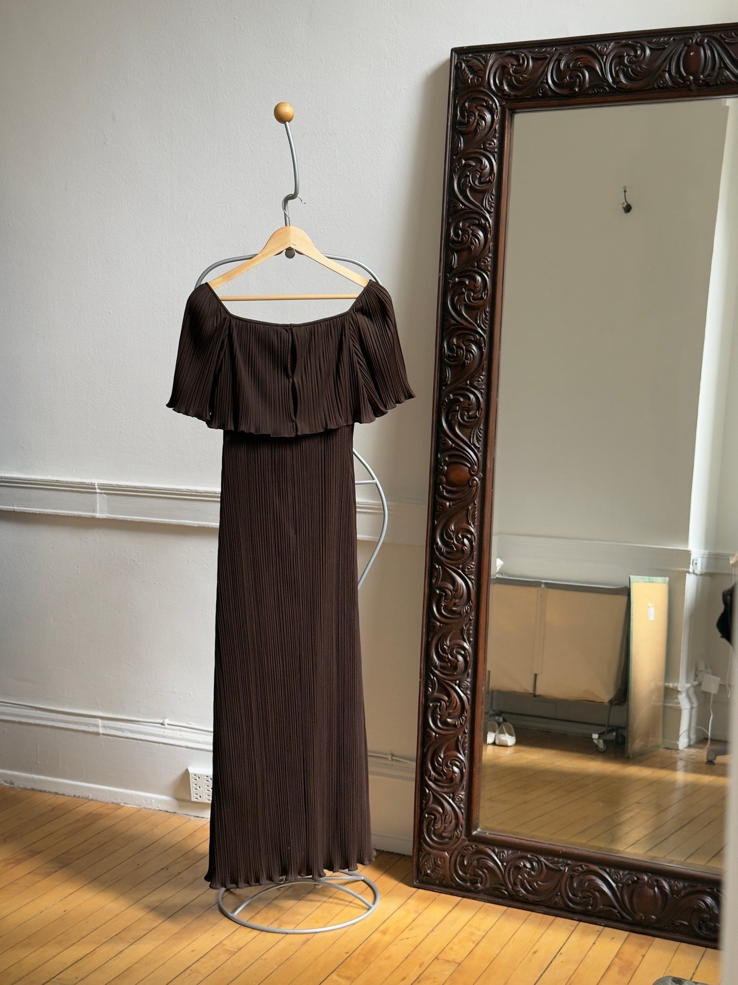Vintage 50's Brown Pleated Evening Dress with Square Neckline