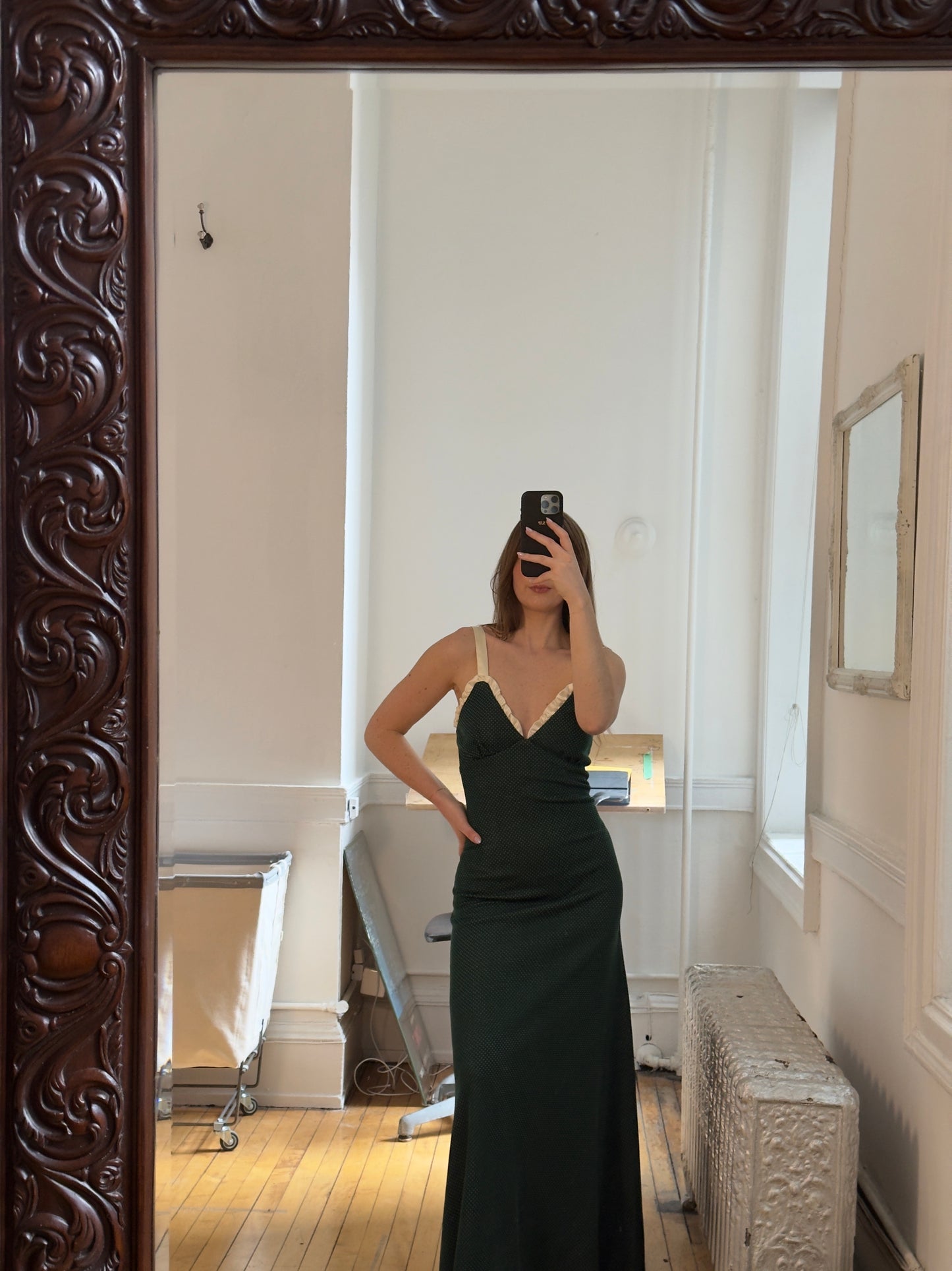 Vintage 70's Dark Green Polka Dot Dress with Satin Trim
