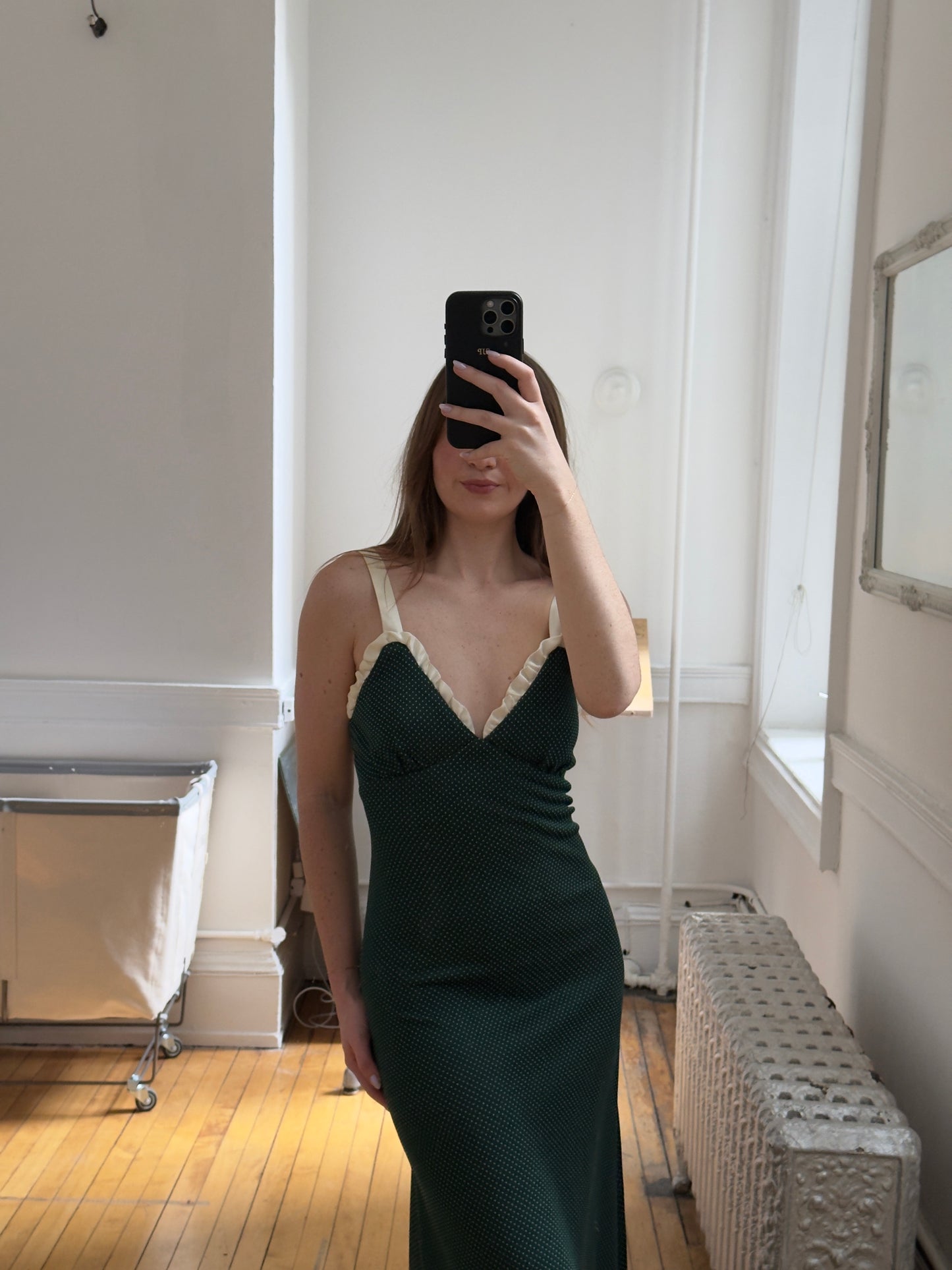 Vintage 70's Dark Green Polka Dot Dress with Satin Trim