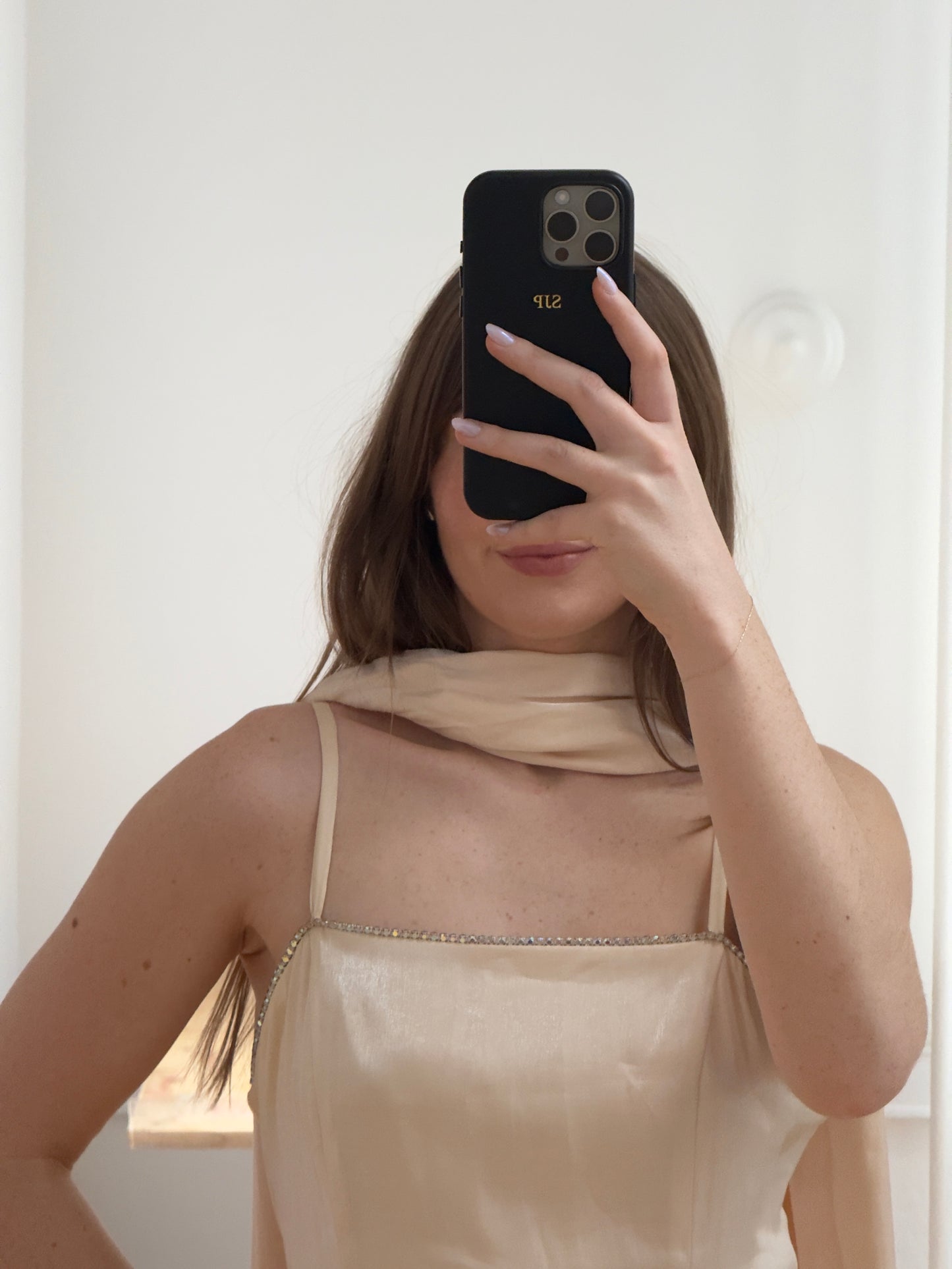 Vintage 90's Light Pink Shimmery Evening Dress with Neck Scarf