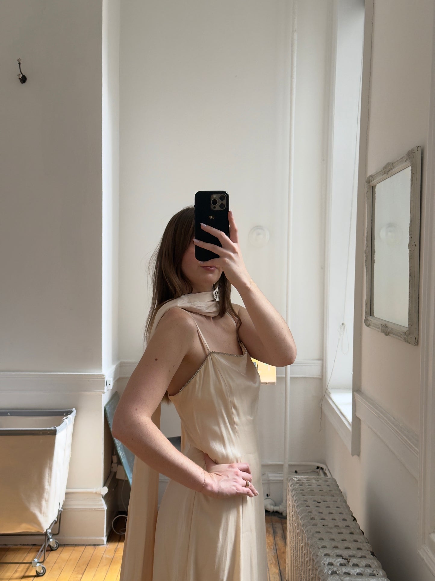 Vintage 90's Light Pink Shimmery Evening Dress with Neck Scarf