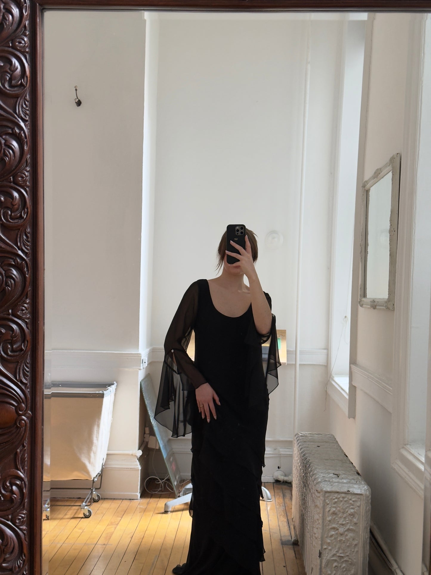 Vintage 80's Black Sheer Flowy Long Sleeved Evening Dress