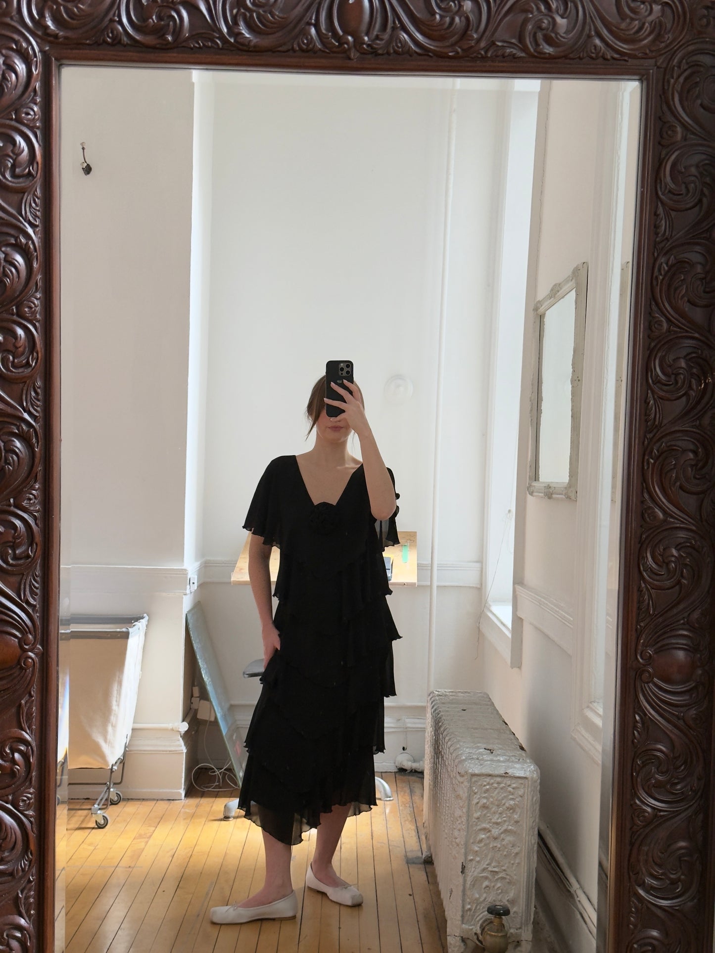 Vintage 80's Black Rosette Tiered Evening Dress