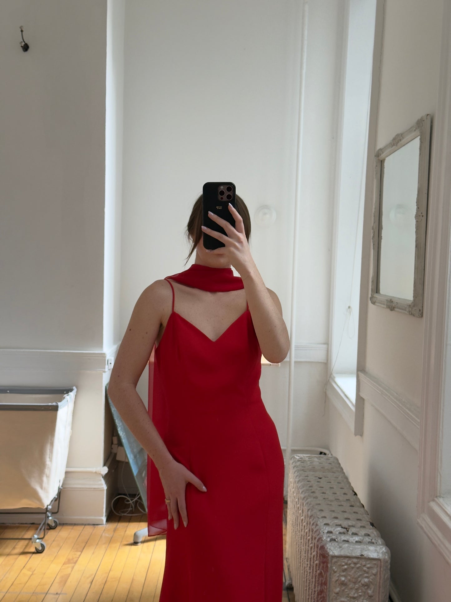 Vintage 90's Red V-Neck Evening Dress with Neck Scarf