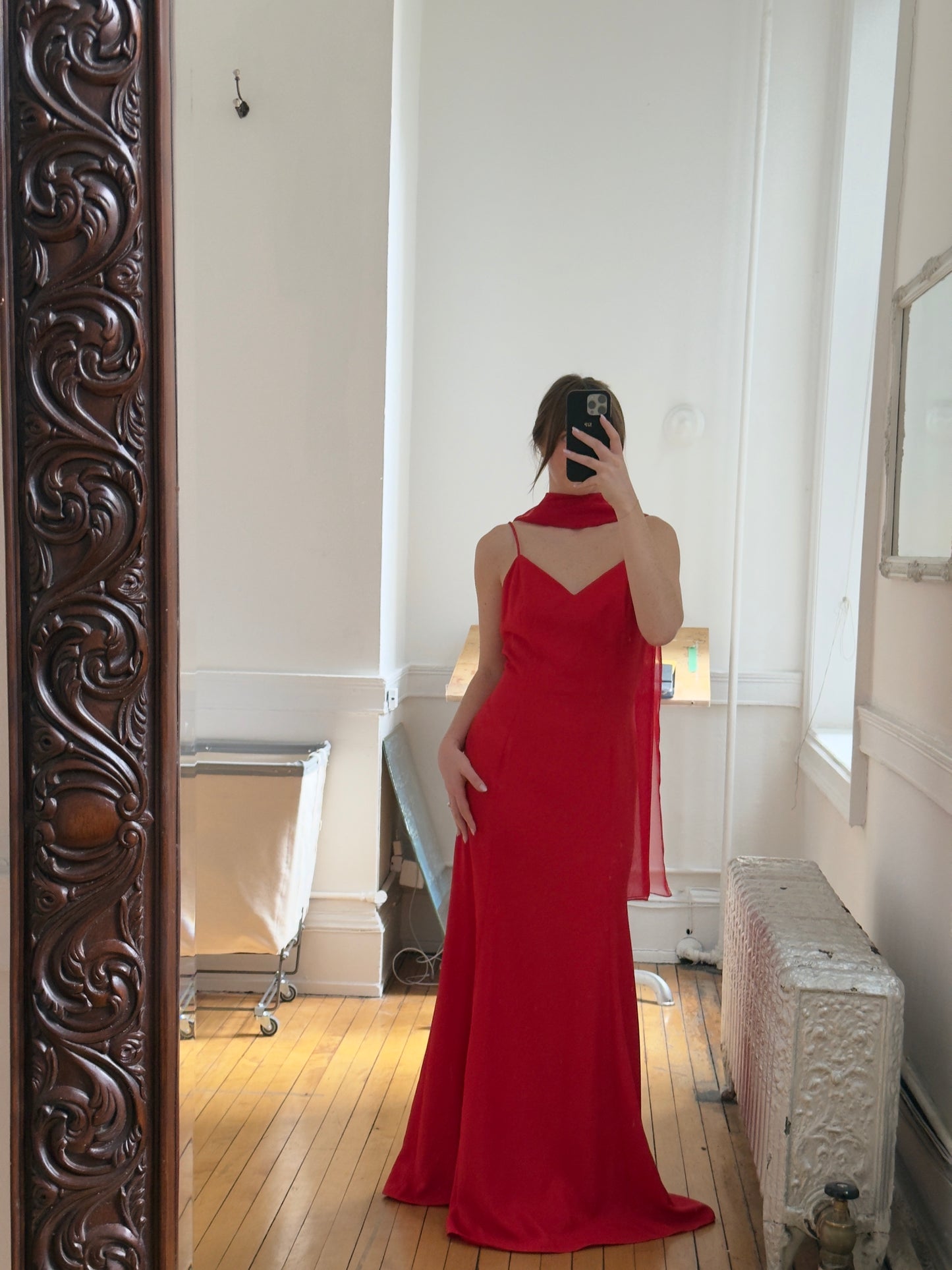 Vintage 90's Red V-Neck Evening Dress with Neck Scarf