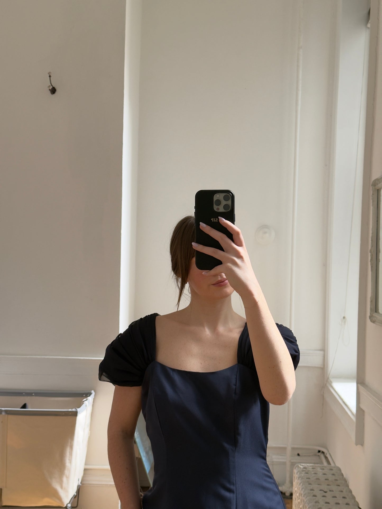 Vintage 70's Navy Blue Chiffon Evening Dress with Bow and Small Train