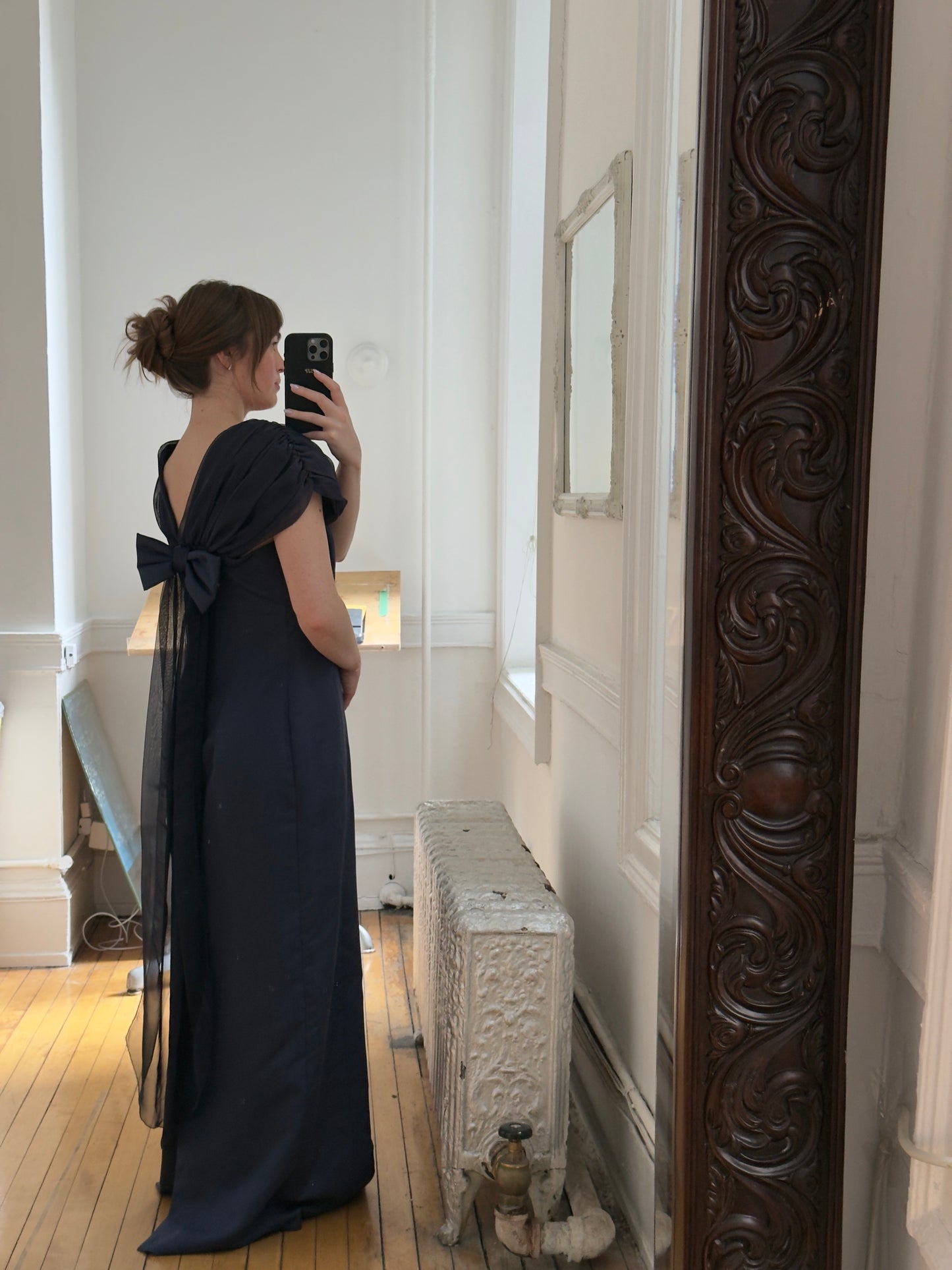 Vintage 70's Navy Blue Chiffon Evening Dress with Bow and Small Train