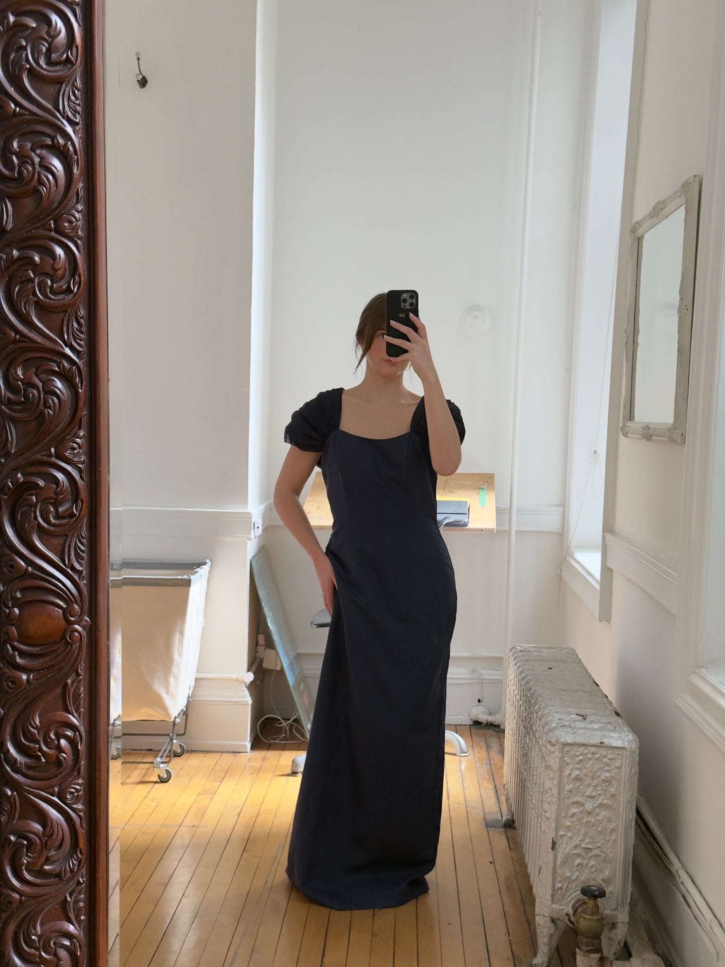 Vintage 70's Navy Blue Chiffon Evening Dress with Bow and Small Train