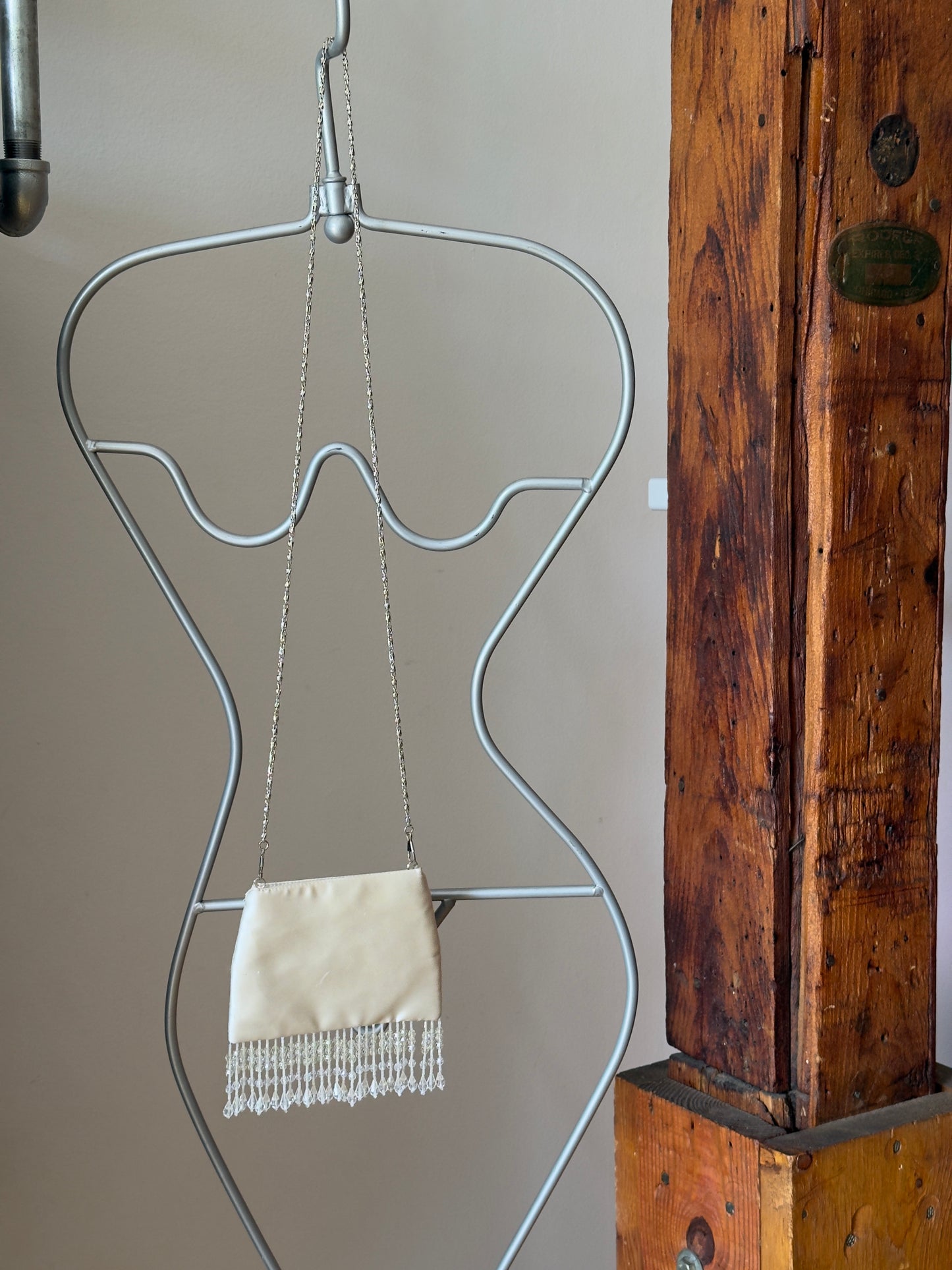 Vintage Y2K Ivory Embroidered Evening Bag with Fringe Beading