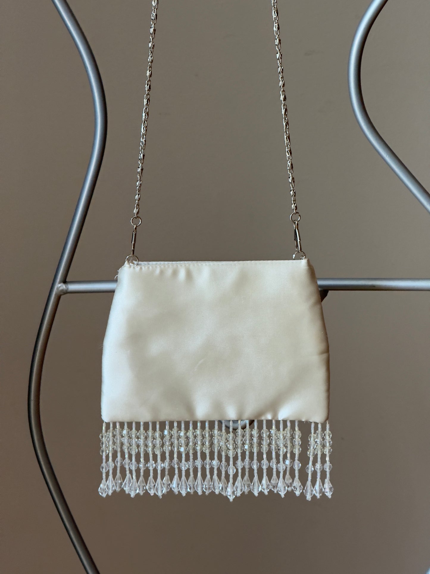 Vintage Y2K Ivory Embroidered Evening Bag with Fringe Beading