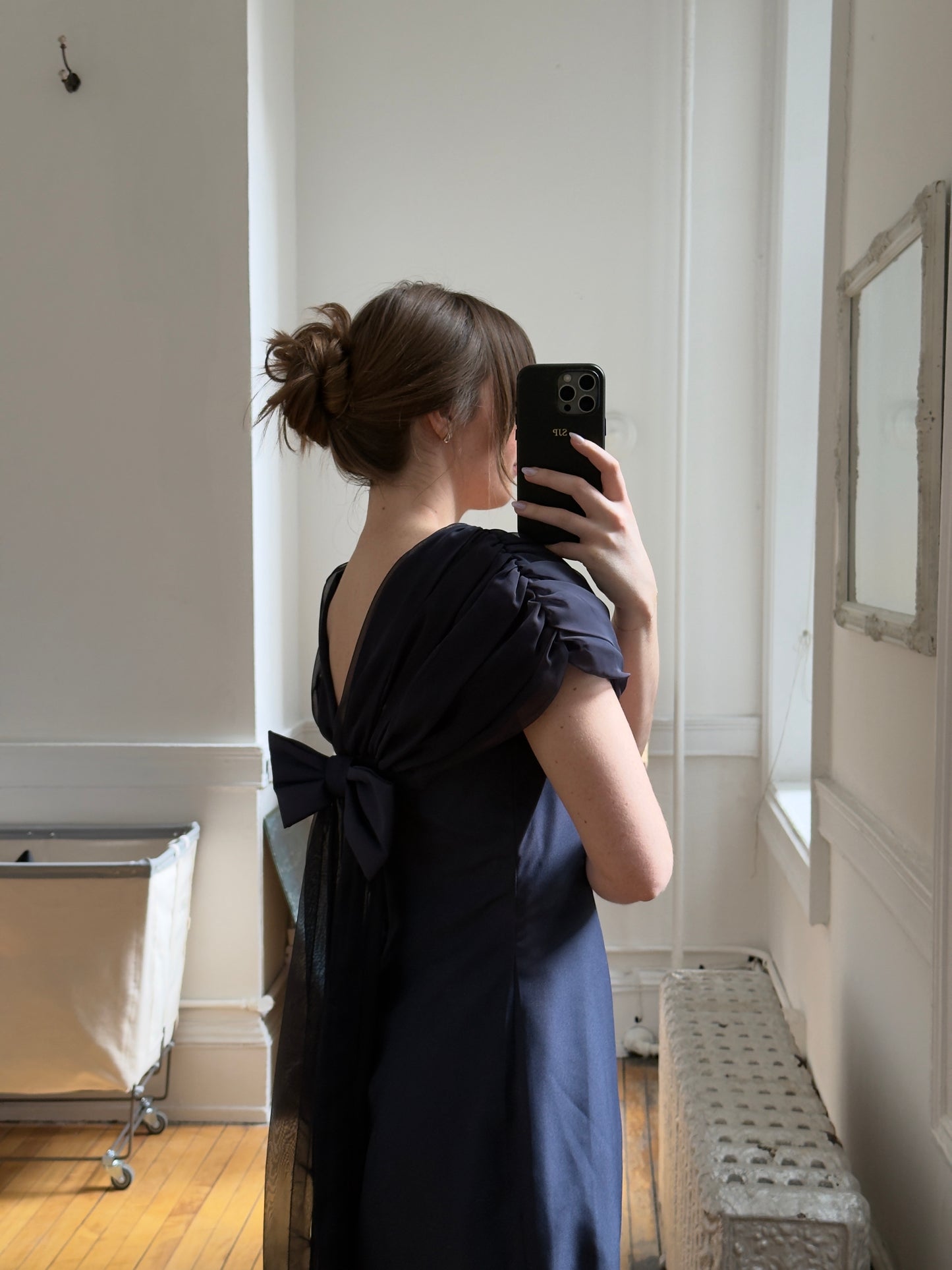 Vintage 70's Navy Blue Chiffon Evening Dress with Bow and Small Train