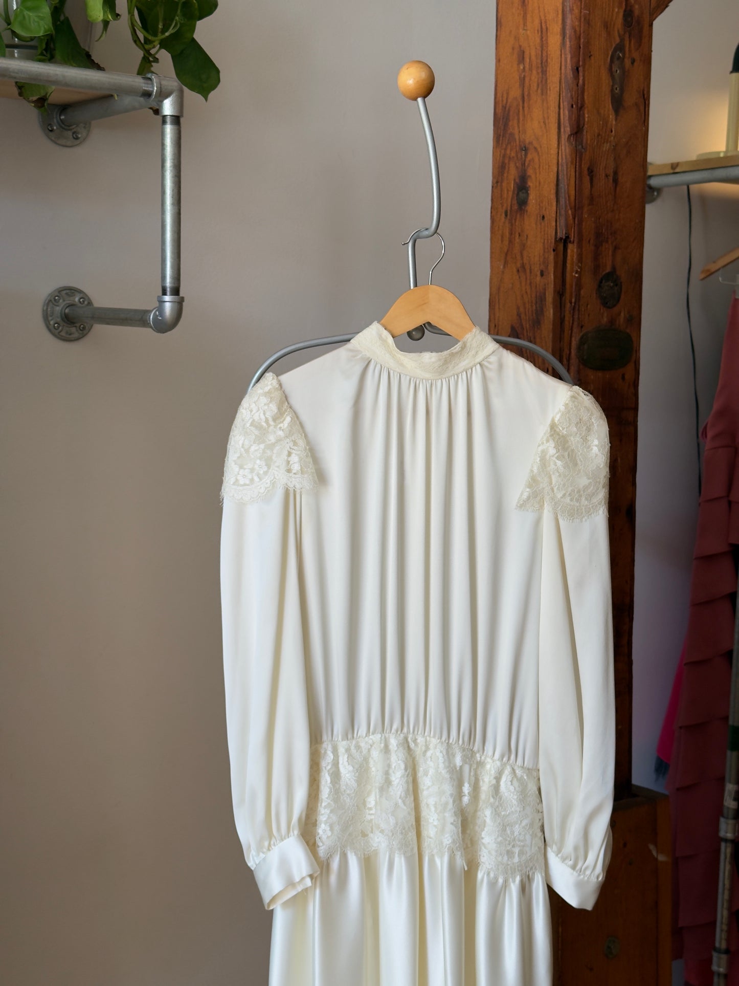 Vintage 70's Silky Long Sleeve Satin Wedding Dress with Lace Detailing
