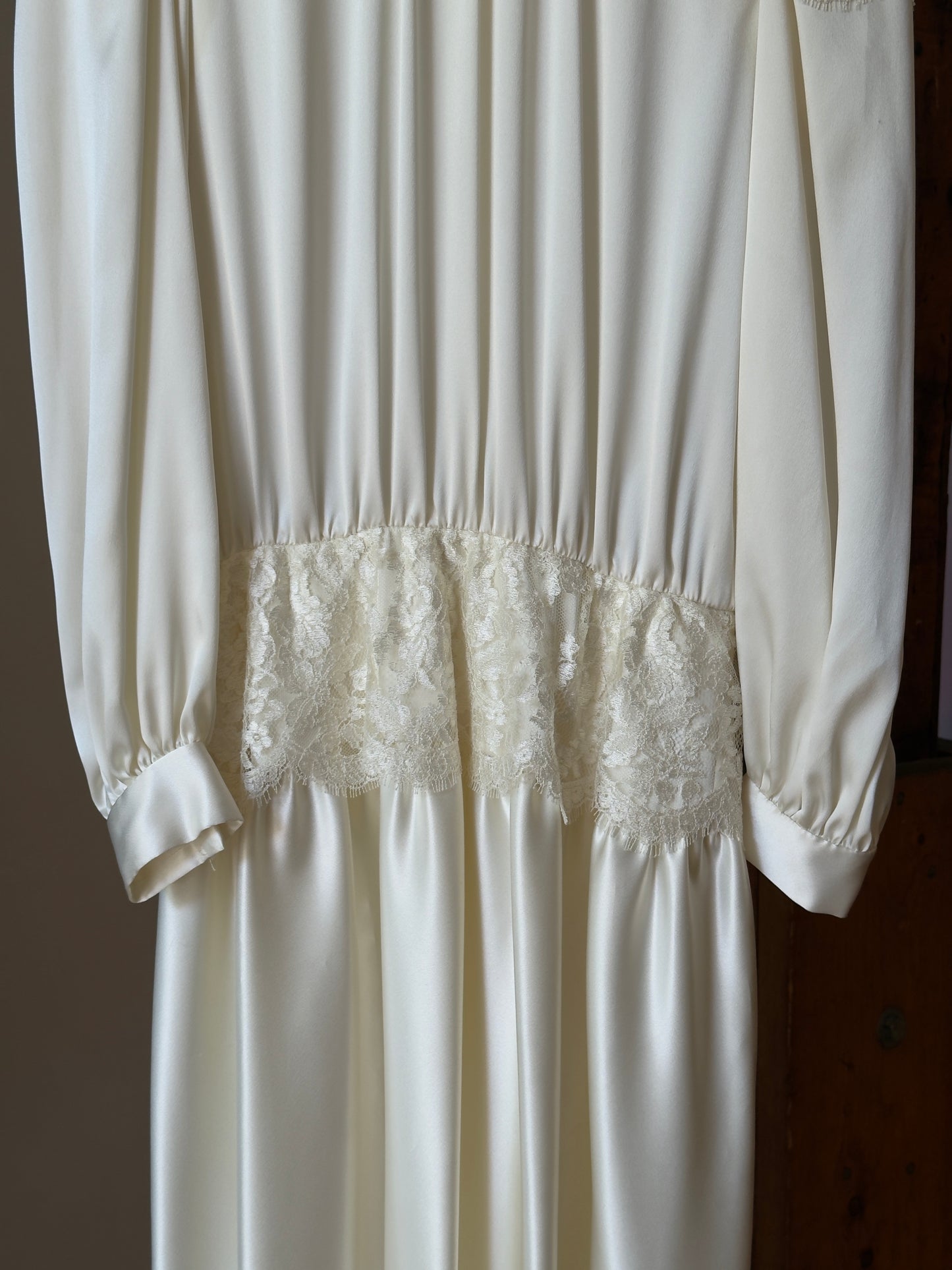 Vintage 70's Silky Long Sleeve Satin Wedding Dress with Lace Detailing