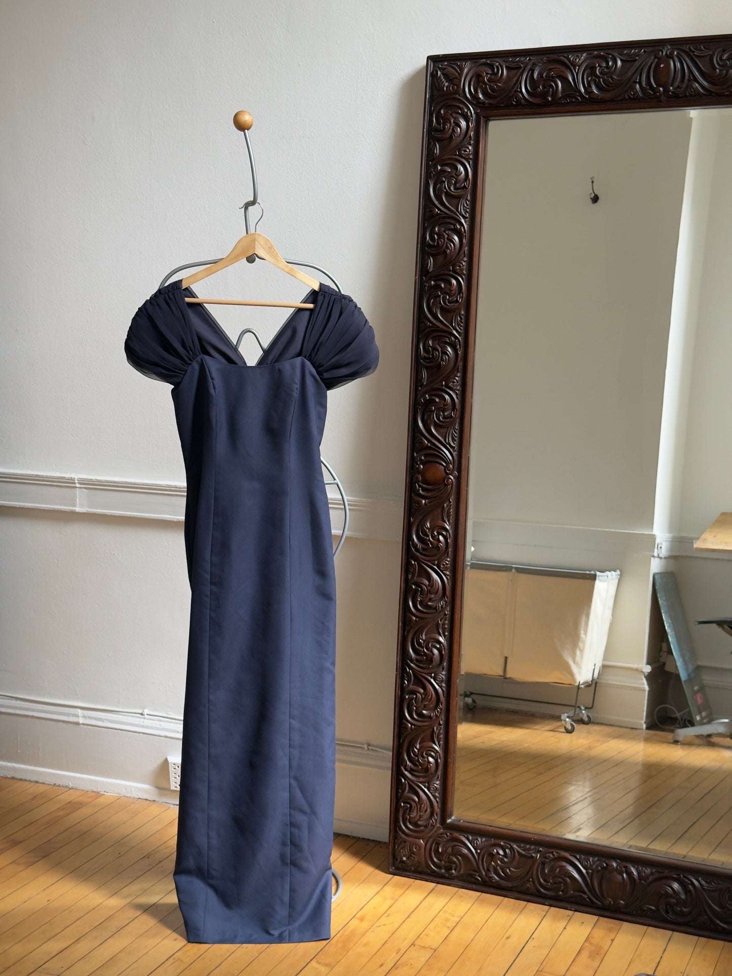 Vintage 70's Navy Blue Chiffon Evening Dress with Bow and Small Train