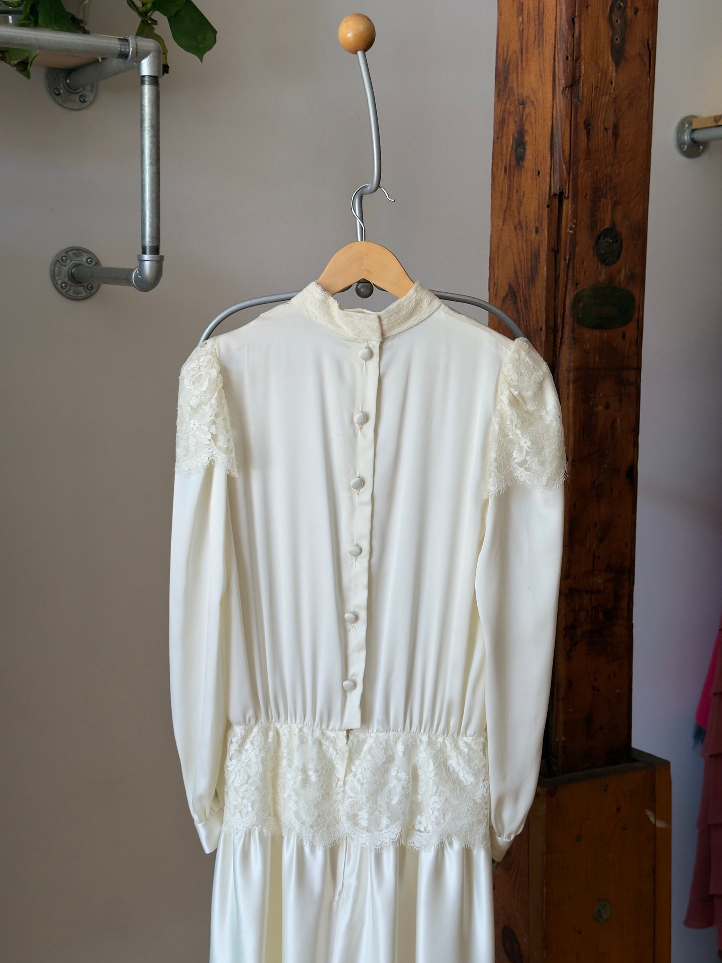 Vintage 70's Silky Long Sleeve Satin Wedding Dress with Lace Detailing