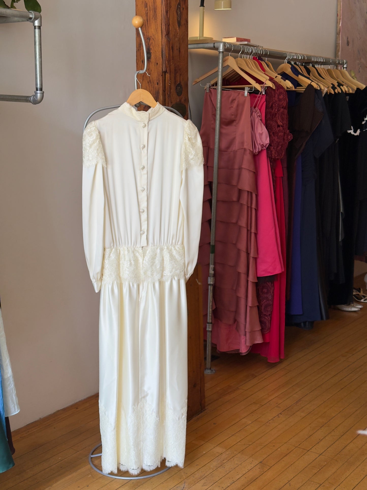 Vintage 70's Silky Long Sleeve Satin Wedding Dress with Lace Detailing